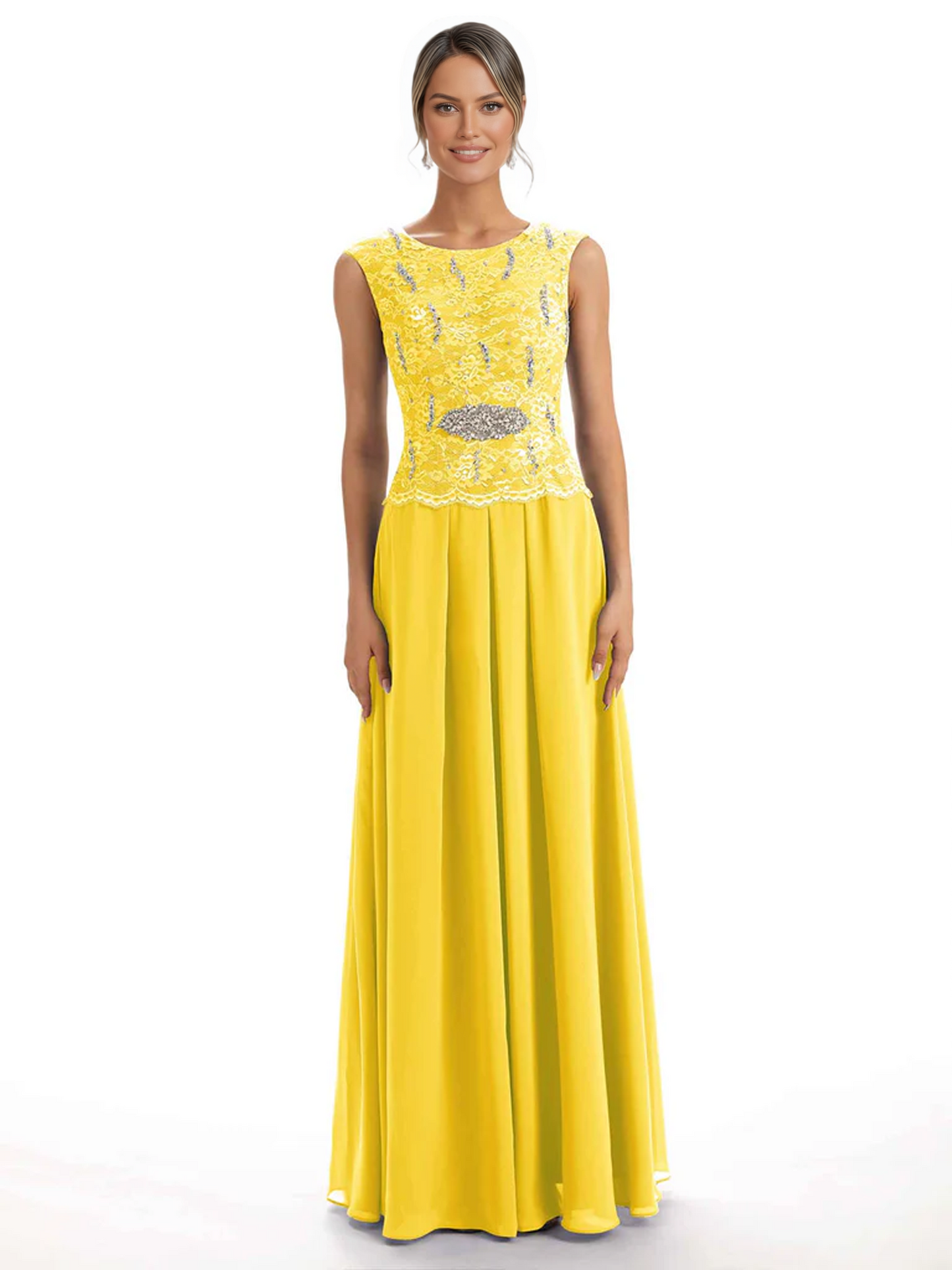 Mother of the Bride Dress Floor-Length Chiffon Gown with Embroidered Lace Bodice