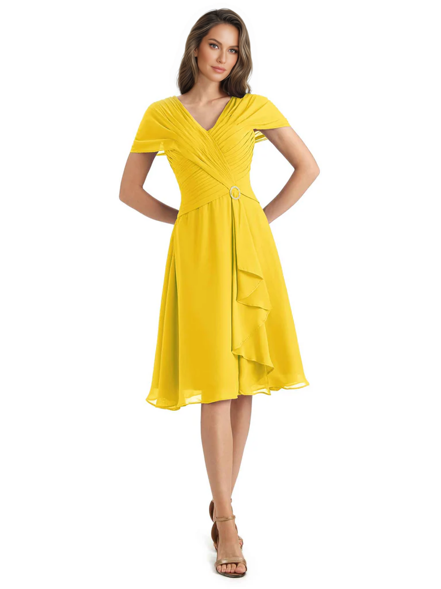 Mother of the Bride Dress Knee-Length V-Neck Chiffon Gown with Ruched Bodice