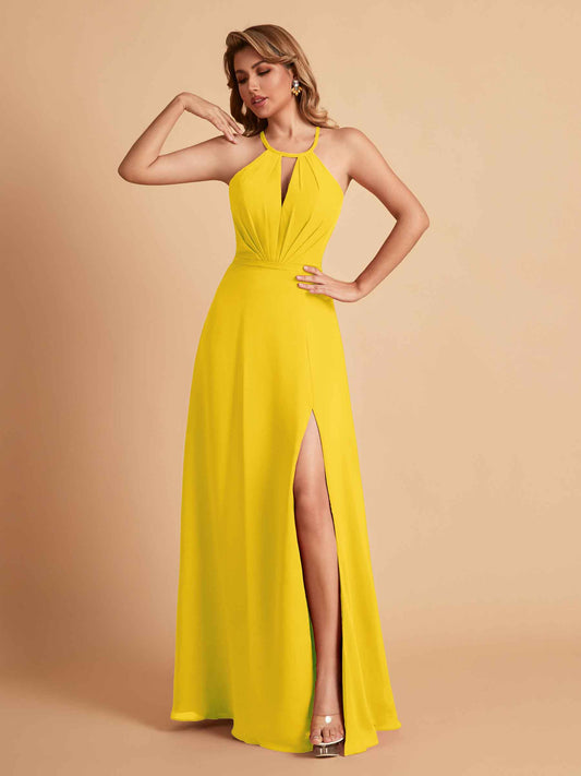 Stylish A-line Chiffon Halter Key-hole Open Back Floor Length Bridesmaid Dresses