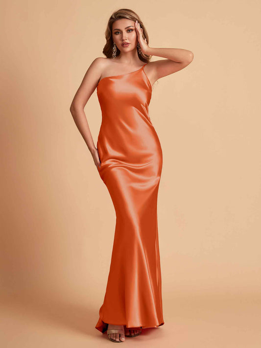 Sexy Silky Satin Sheath One Shoulder Comfy Long Bridesmaid Dresses