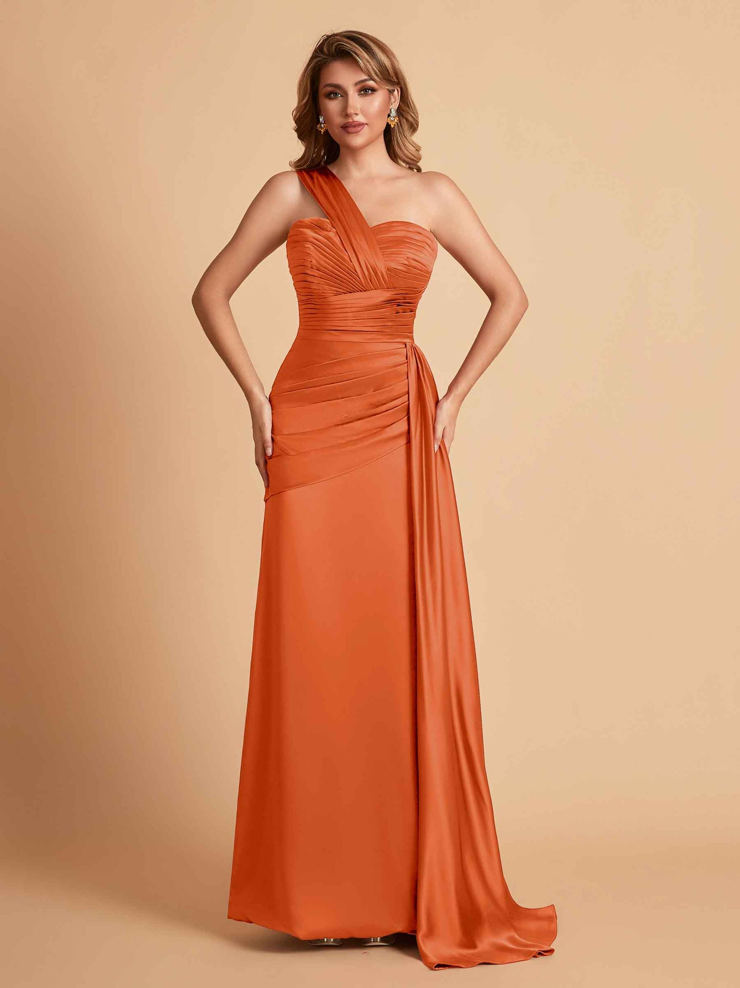 Sexy Satin Sheath One Shoulder With Train Elegant Long Bridesmaid Dresses