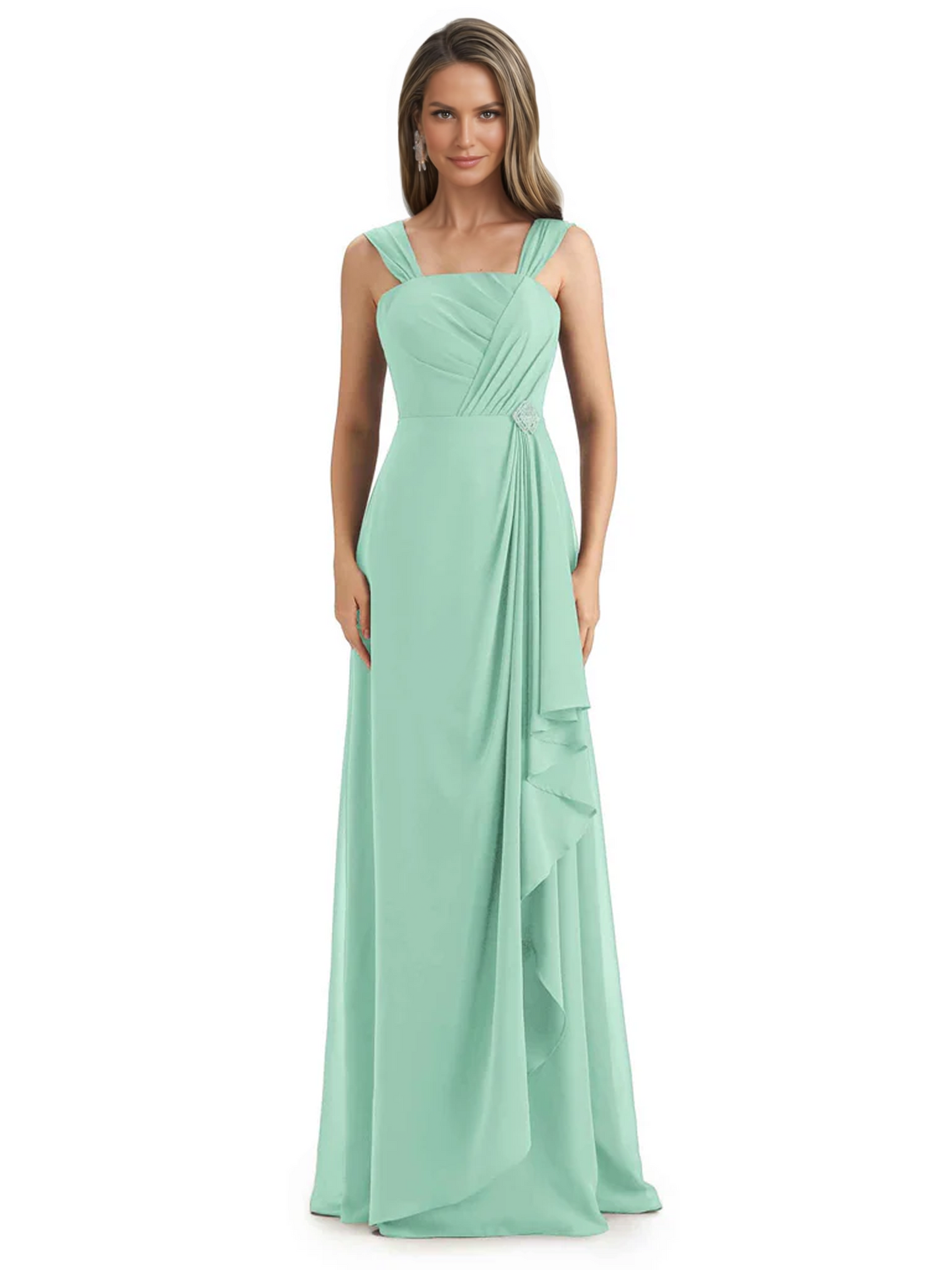 Square Neck Mother of the Bride Dress Floor-Length Chiffon Gown with Ruched Bodice