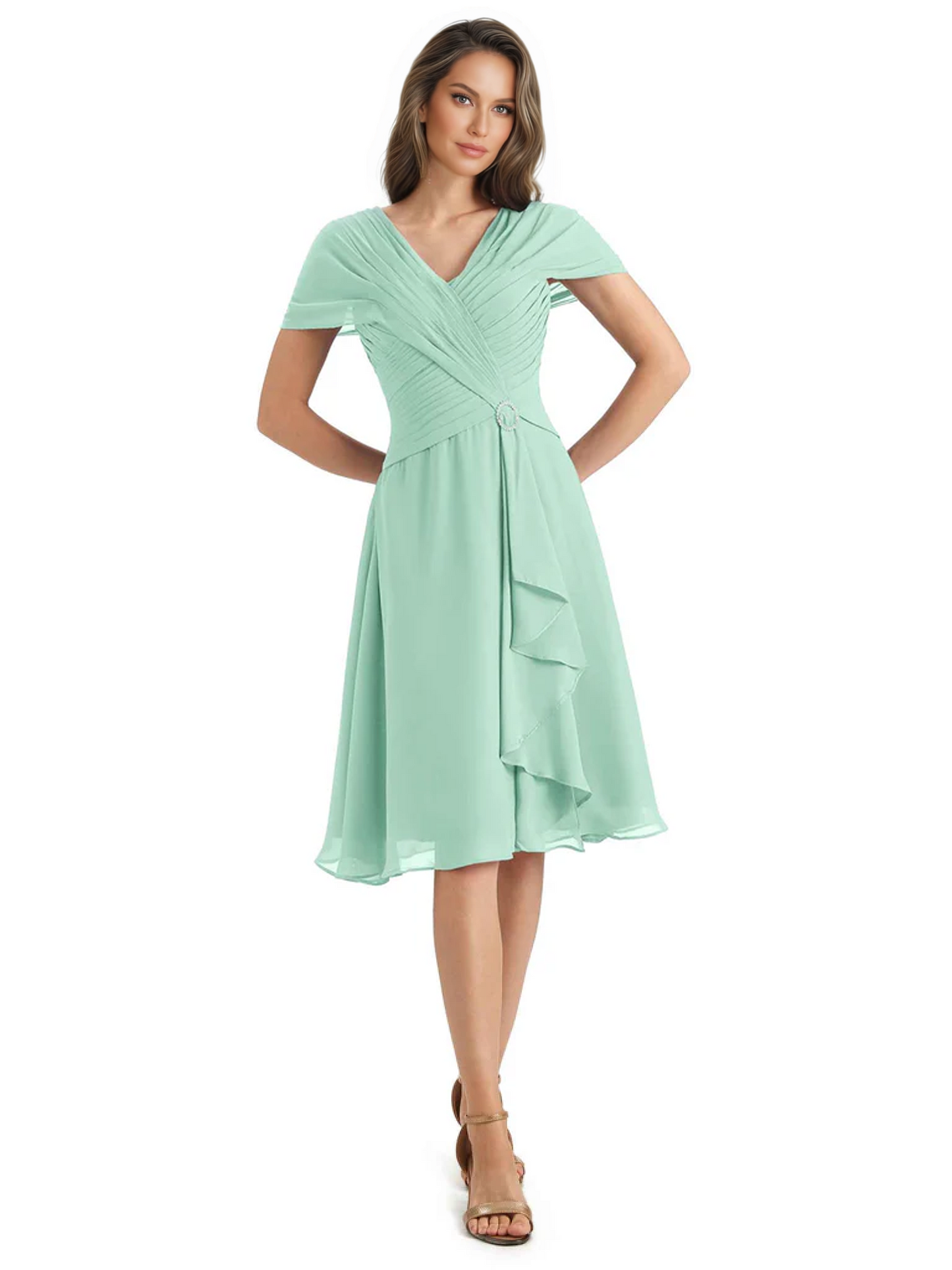 Mother of the Bride Dress Knee-Length V-Neck Chiffon Gown with Ruched Bodice