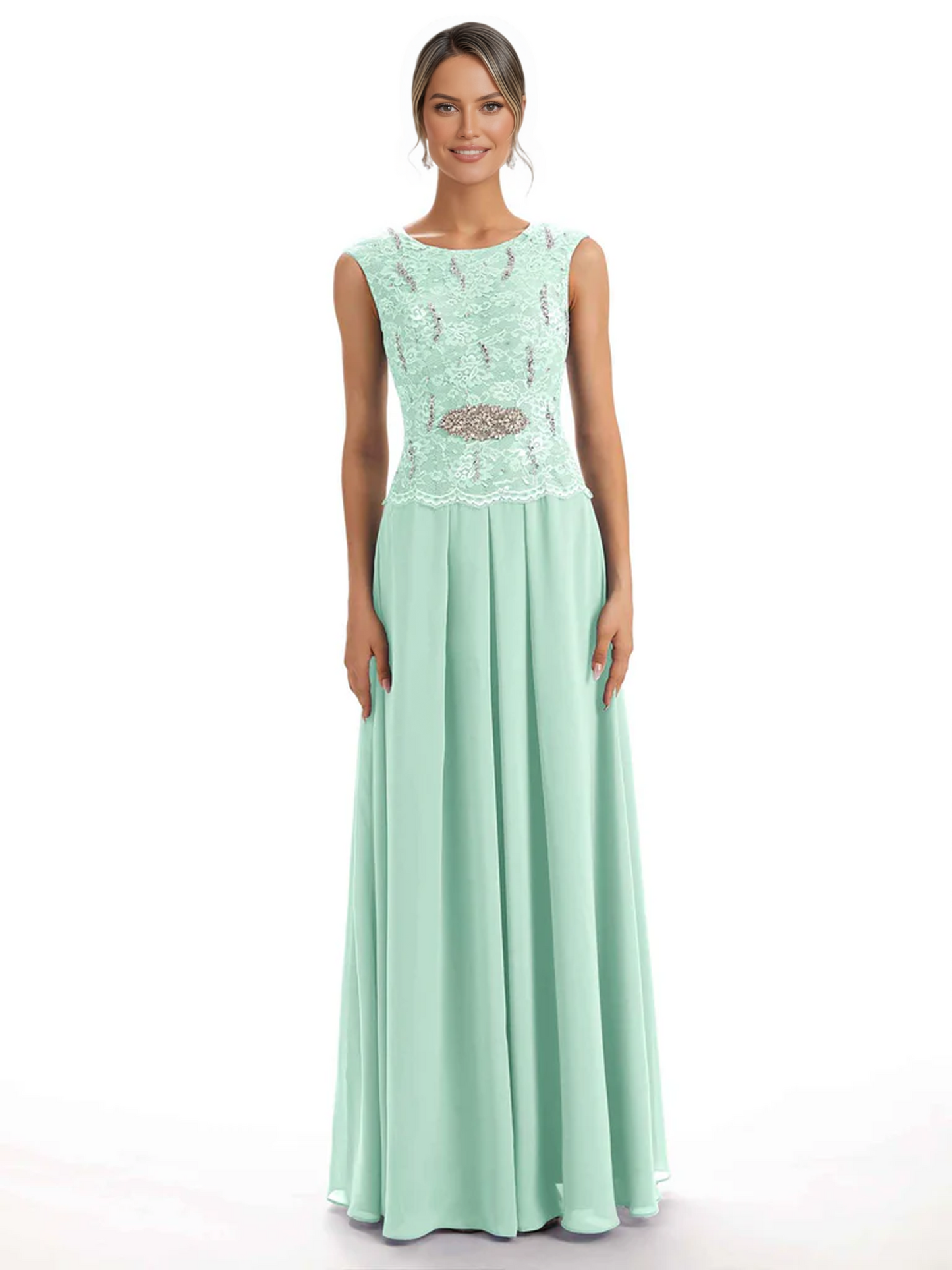 Mother of the Bride Dress Floor-Length Chiffon Gown with Embroidered Lace Bodice