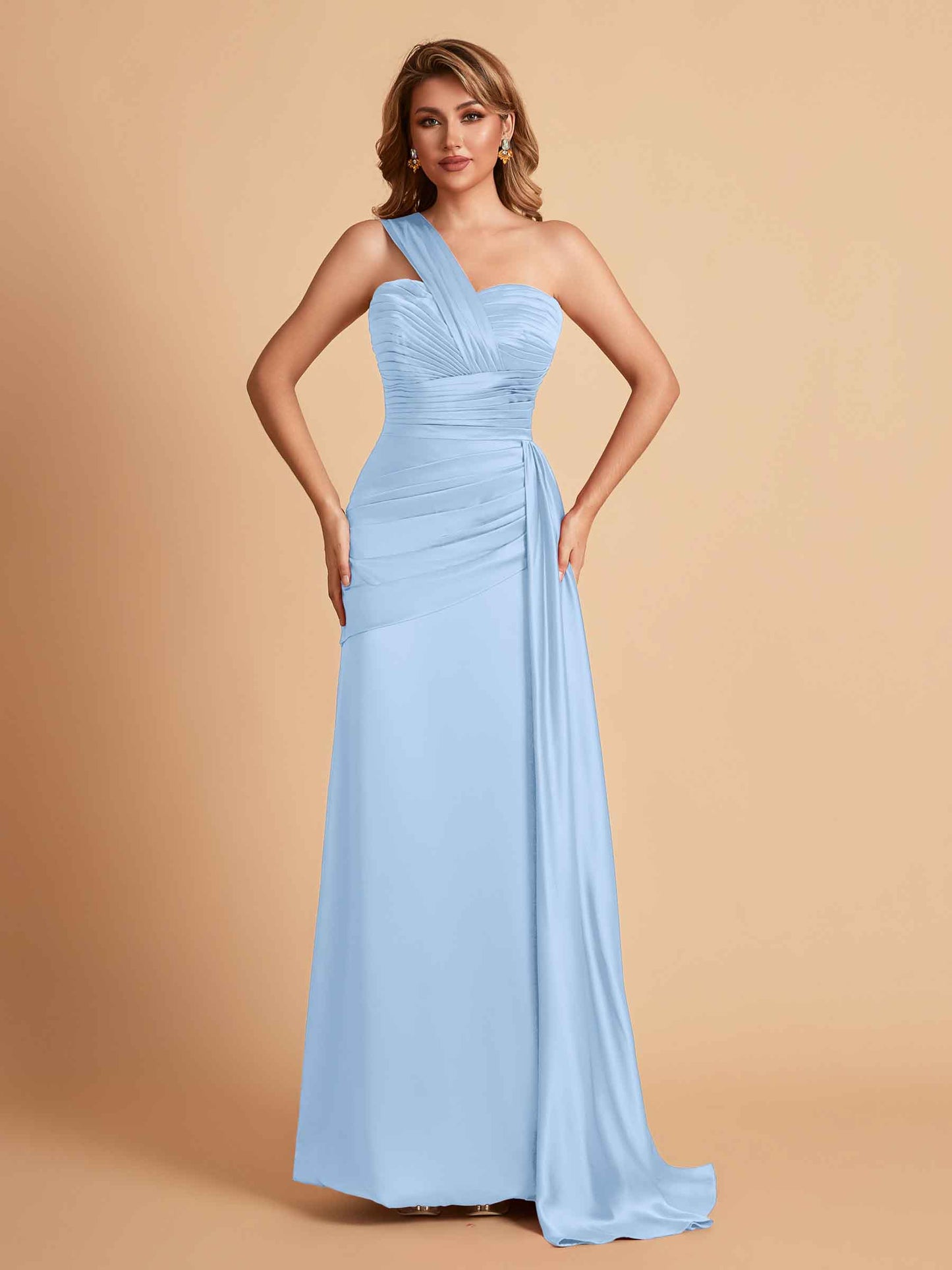 Sexy Satin Sheath One Shoulder With Train Elegant Long Bridesmaid Dresses