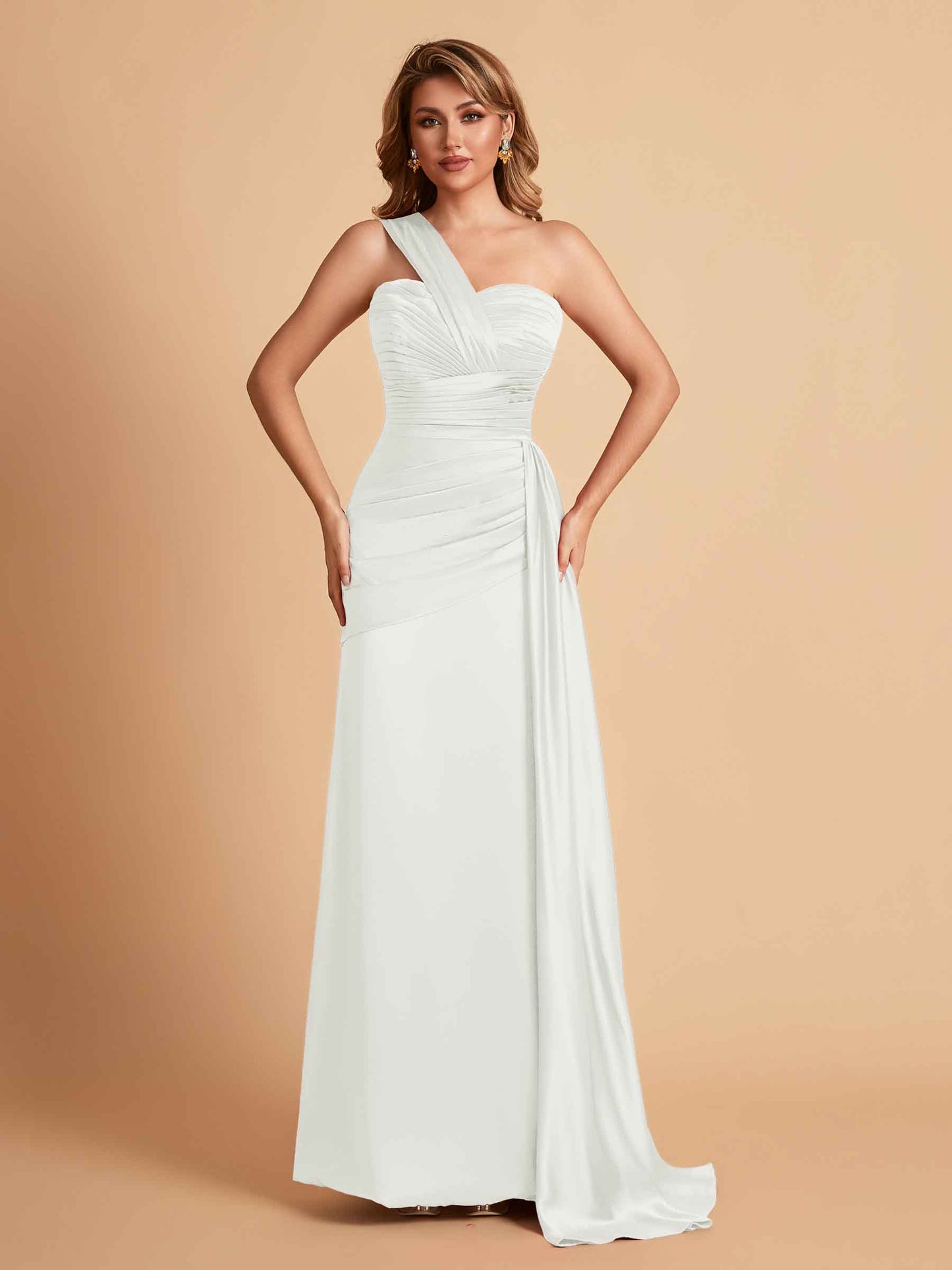 Sexy Satin Sheath One Shoulder With Train Elegant Long Bridesmaid Dresses