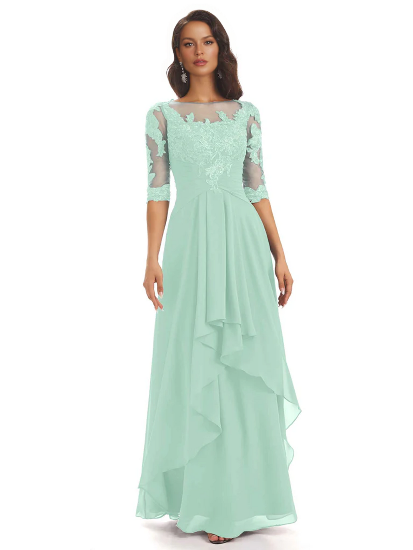 Elegant Lace A-line Chiffon Half Sleeves Mother of the Brides Dresses Floor Length