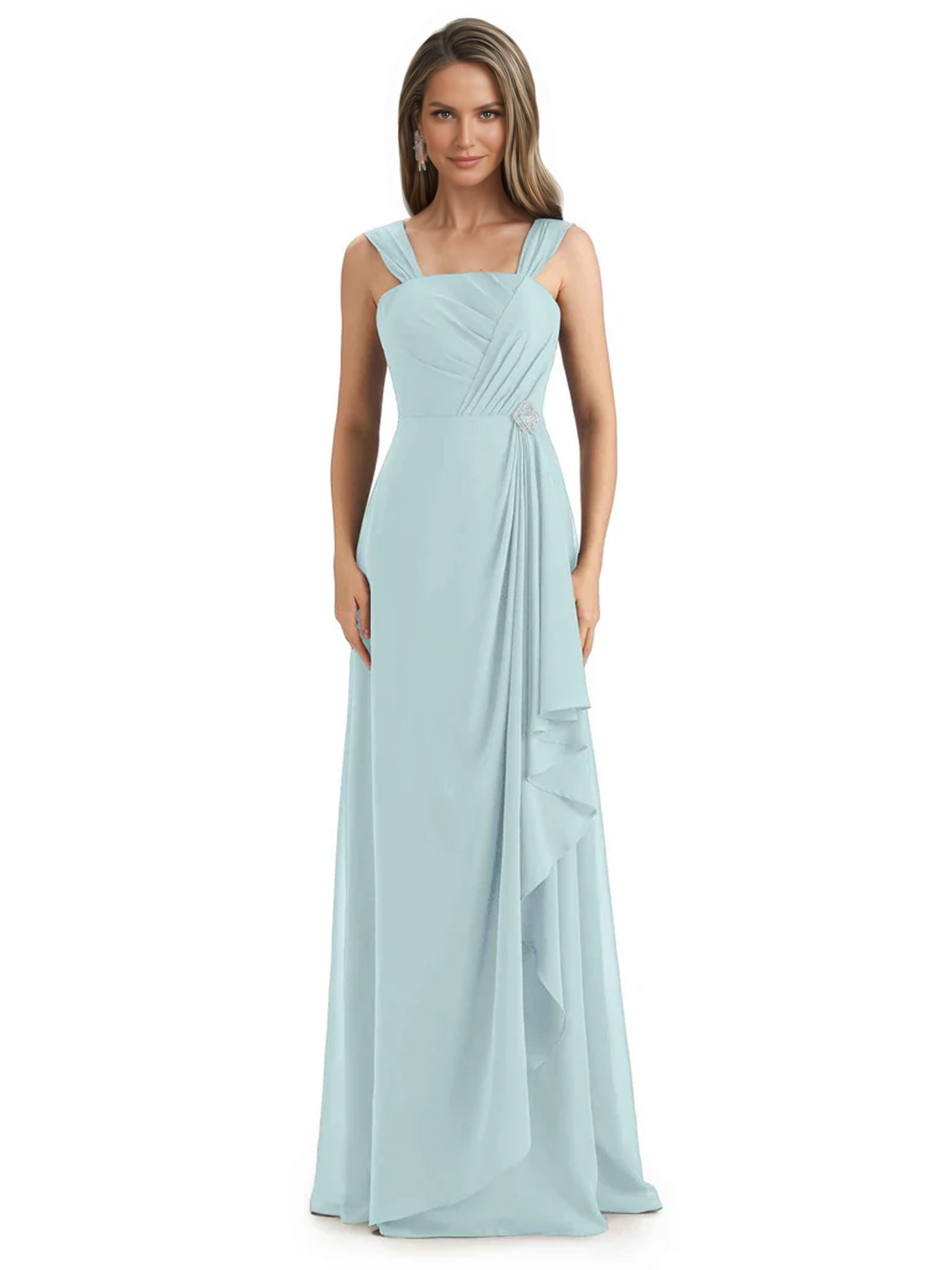 Square Neck Mother of the Bride Dress Floor-Length Chiffon Gown with Ruched Bodice