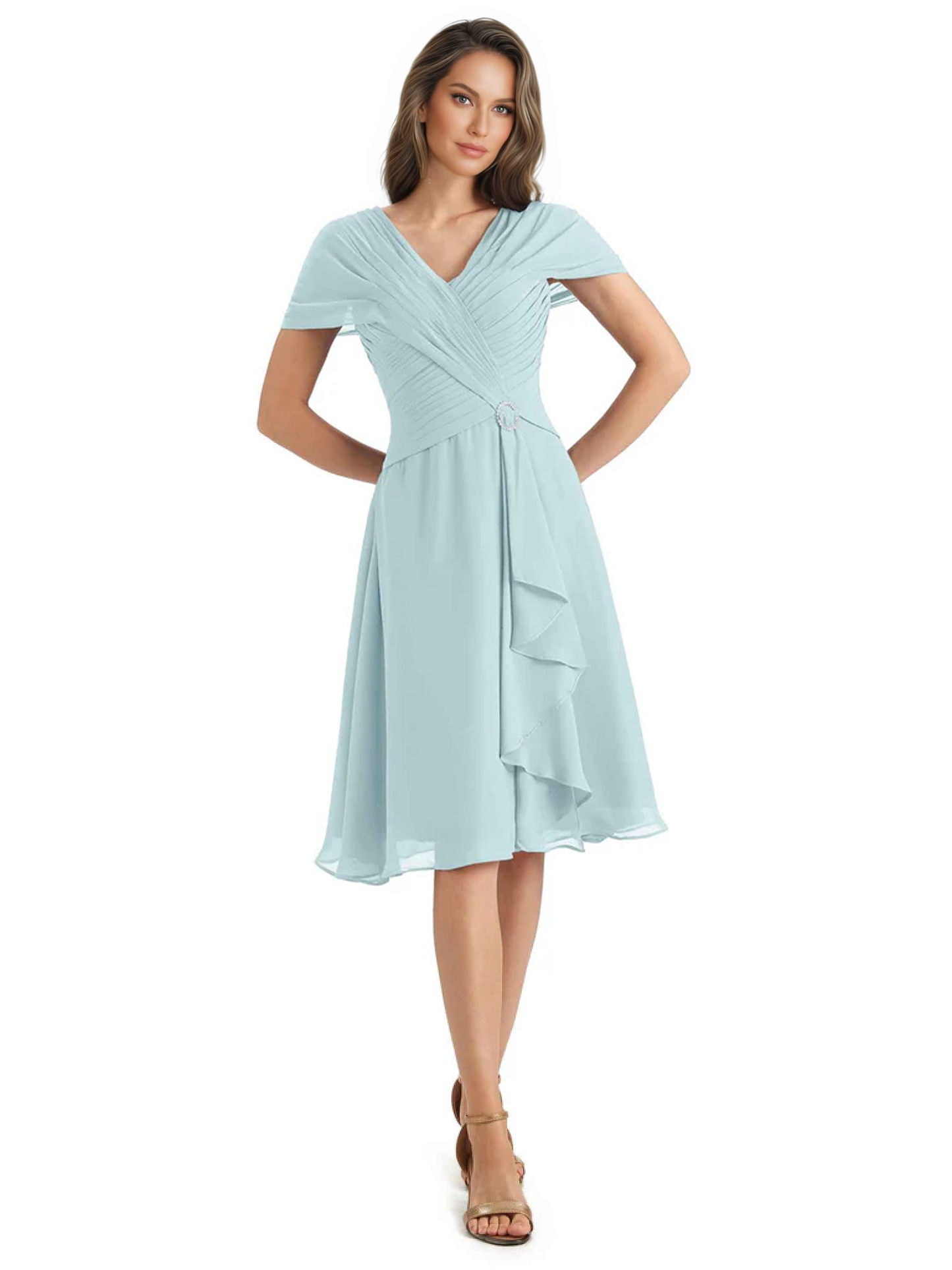 Mother of the Bride Dress Knee-Length V-Neck Chiffon Gown with Ruched Bodice