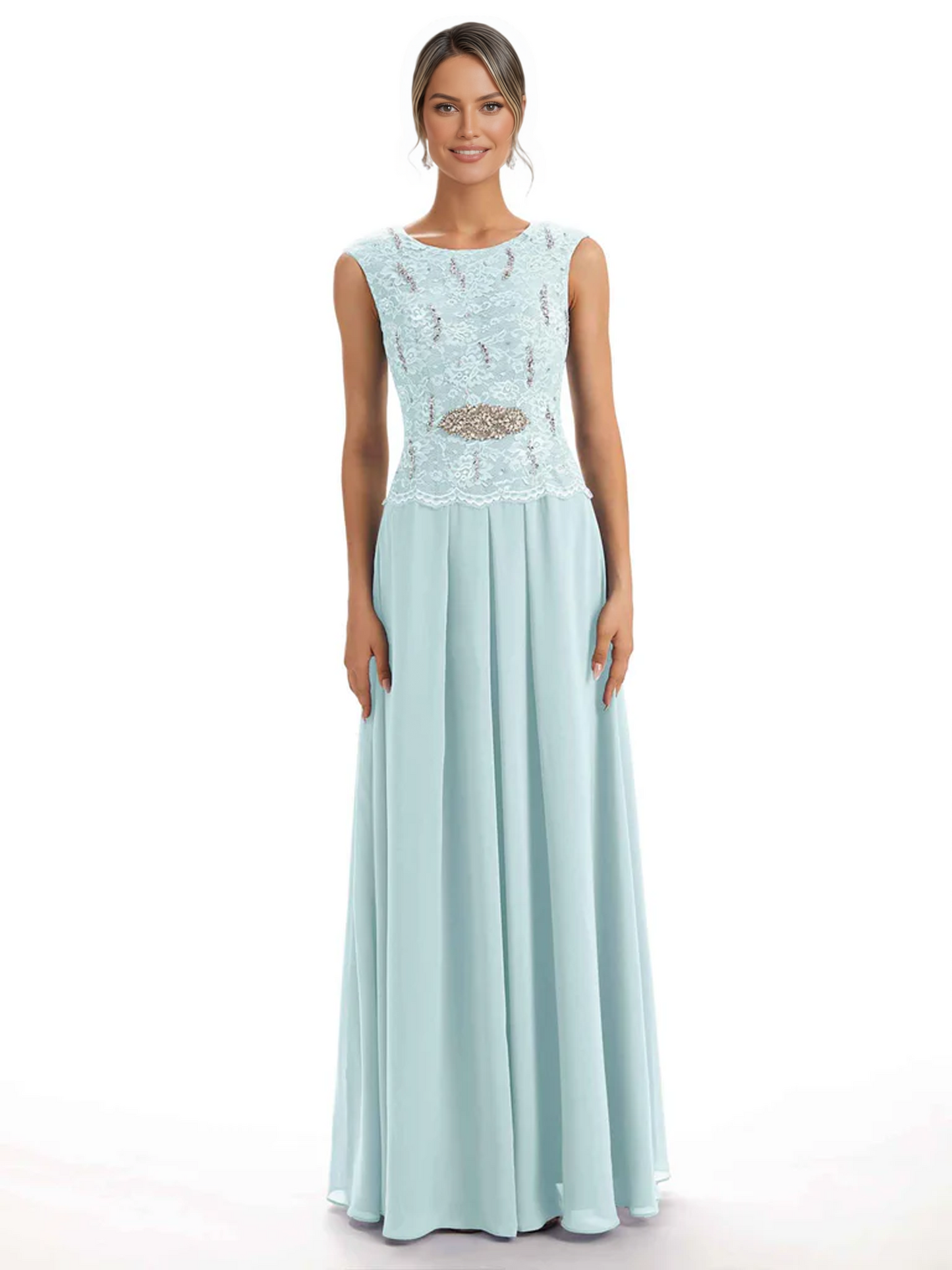 Mother of the Bride Dress Floor-Length Chiffon Gown with Embroidered Lace Bodice