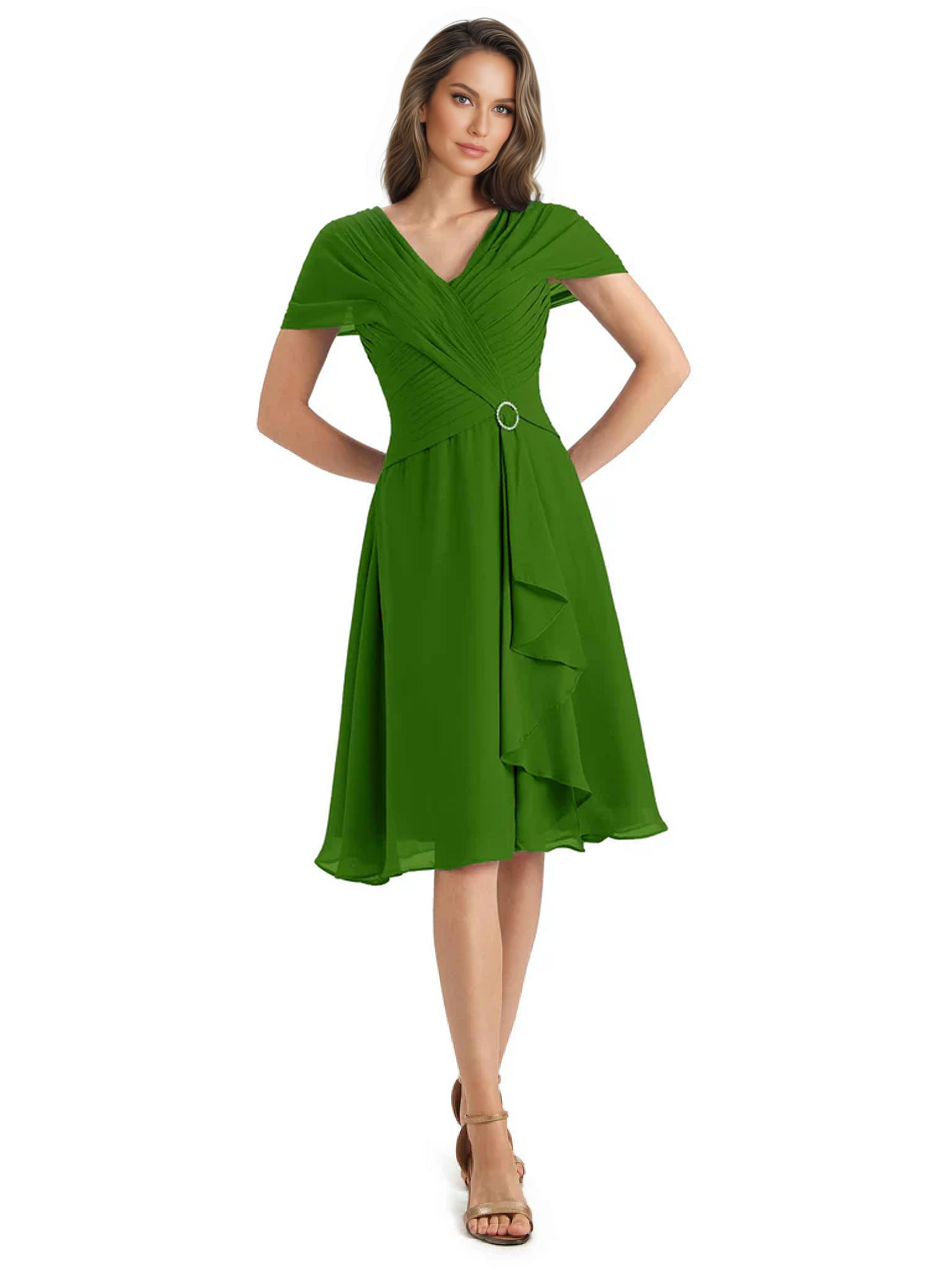 Mother of the Bride Dress Knee-Length V-Neck Chiffon Gown with Ruched Bodice