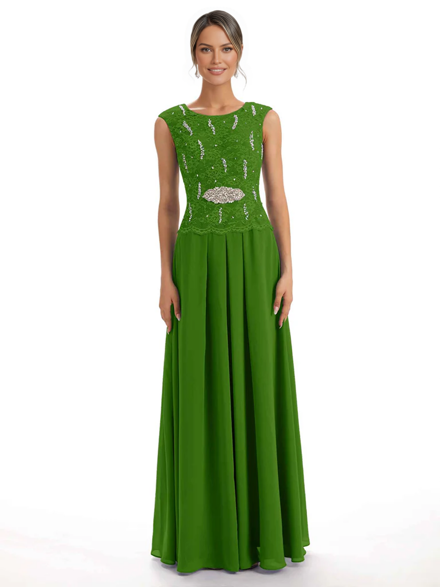 Mother of the Bride Dress Floor-Length Chiffon Gown with Embroidered Lace Bodice