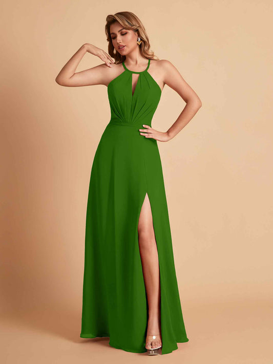 Stylish A-line Chiffon Halter Key-hole Open Back Floor Length Bridesmaid Dresses