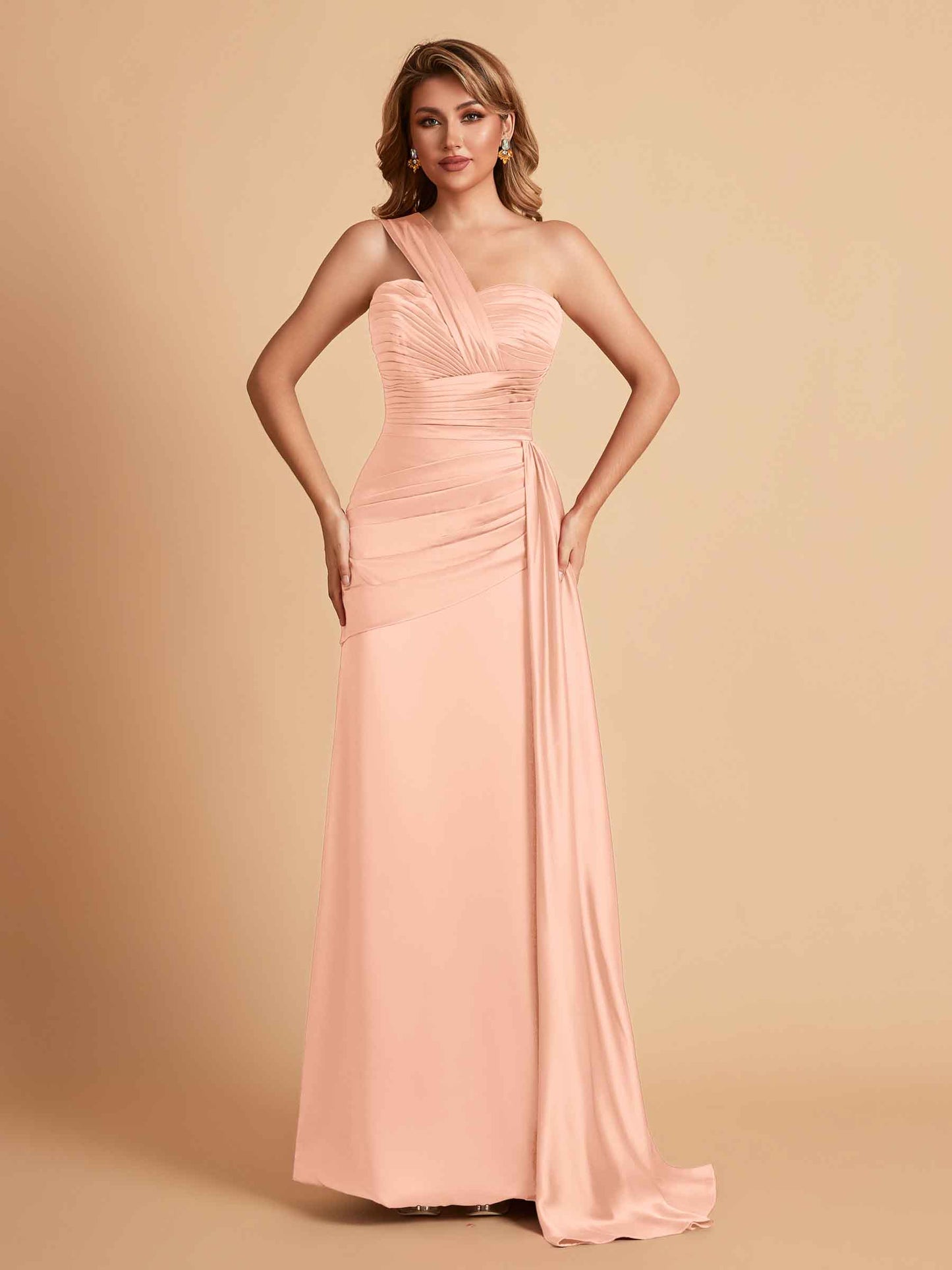 Sexy Satin Sheath One Shoulder With Train Elegant Long Bridesmaid Dresses