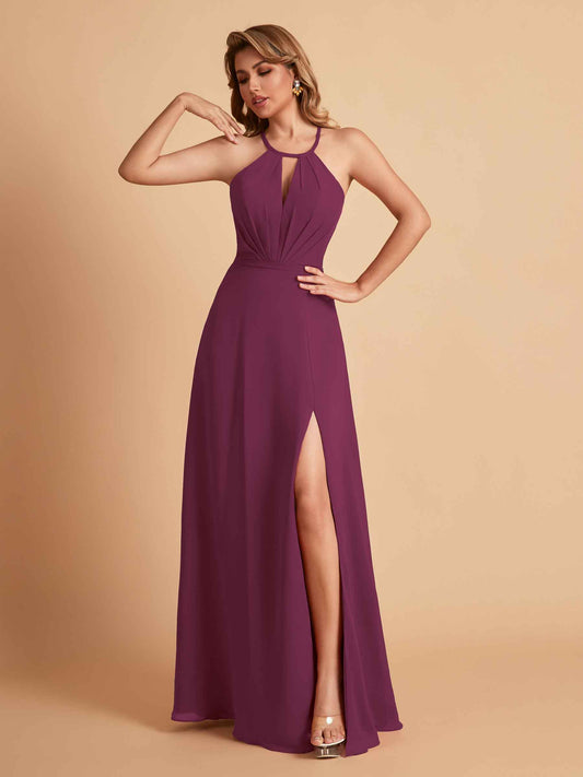 Stylish A-line Chiffon Halter Key-hole Open Back Floor Length Bridesmaid Dresses