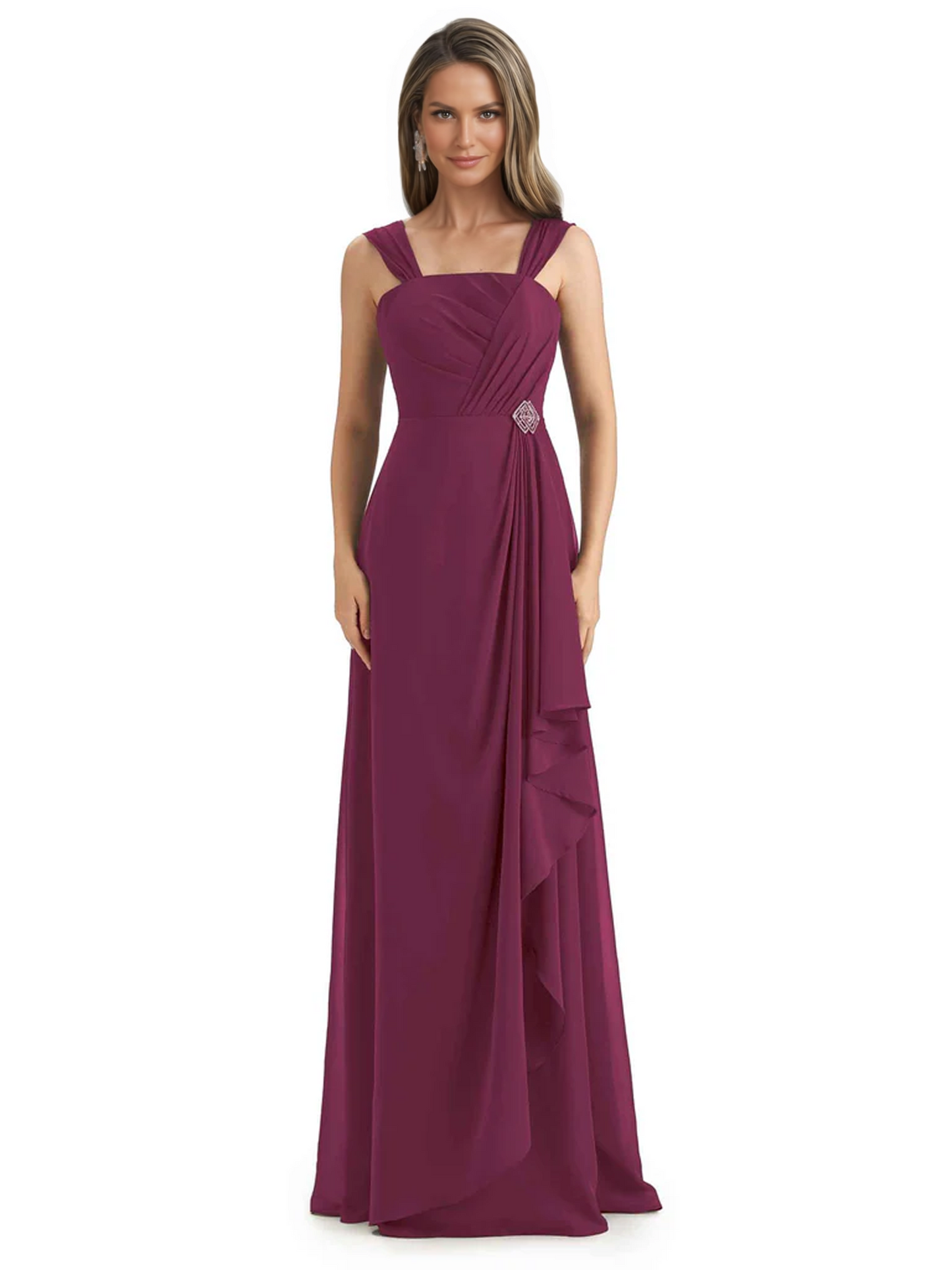 Square Neck Mother of the Bride Dress Floor-Length Chiffon Gown with Ruched Bodice