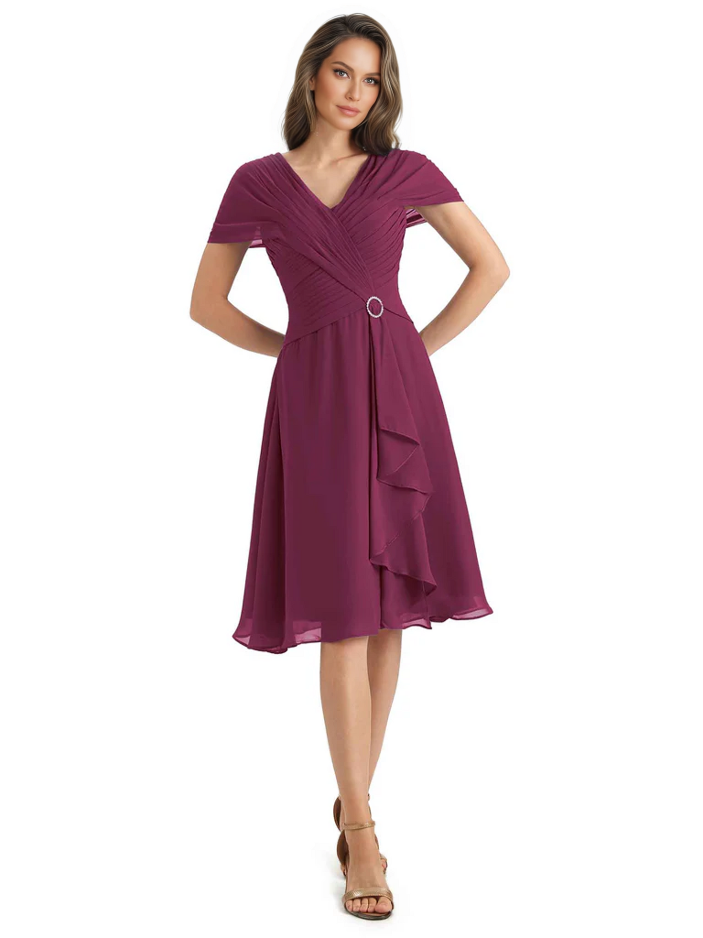 Mother of the Bride Dress Knee-Length V-Neck Chiffon Gown with Ruched Bodice