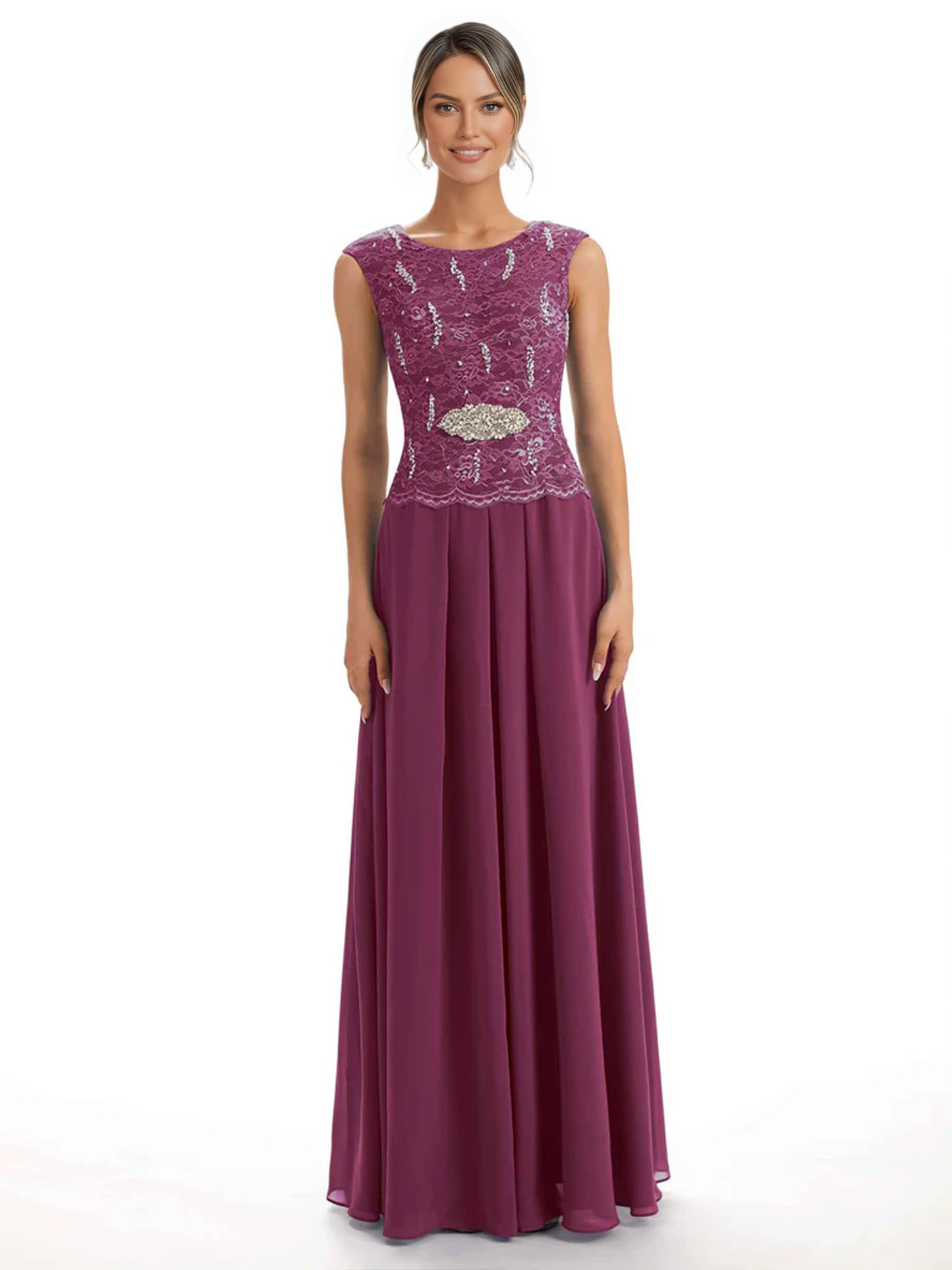Mother of the Bride Dress Floor-Length Chiffon Gown with Embroidered Lace Bodice