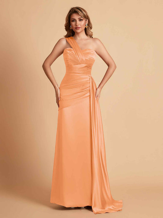 Sexy Satin Sheath One Shoulder With Train Elegant Long Bridesmaid Dresses