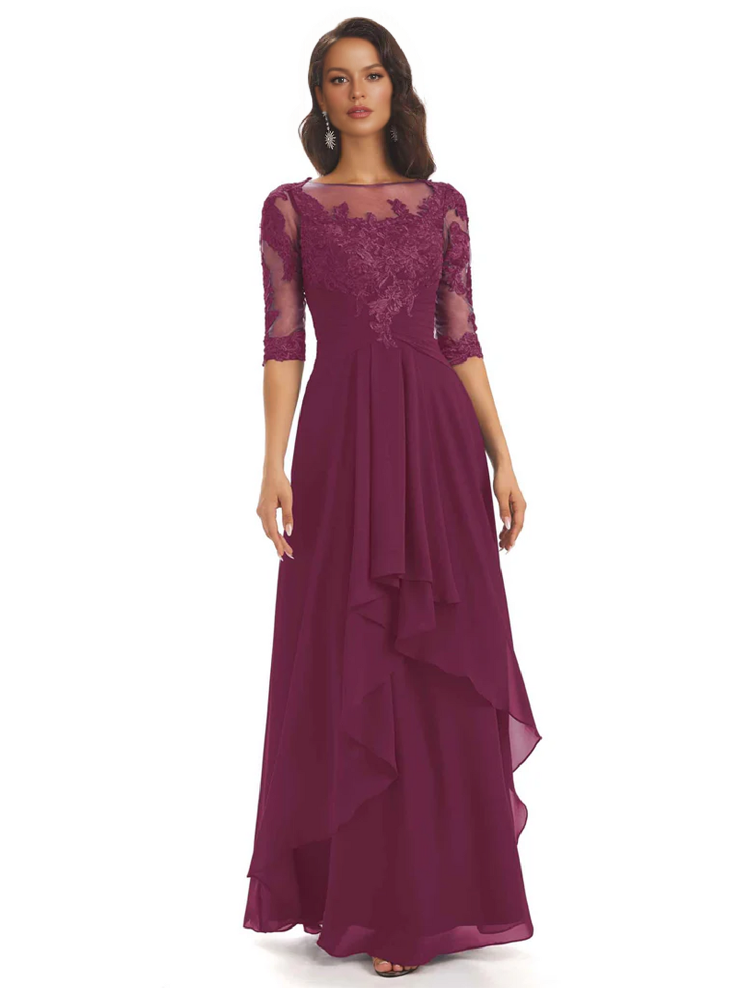 Elegant Lace A-line Chiffon Half Sleeves Mother of the Brides Dresses Floor Length