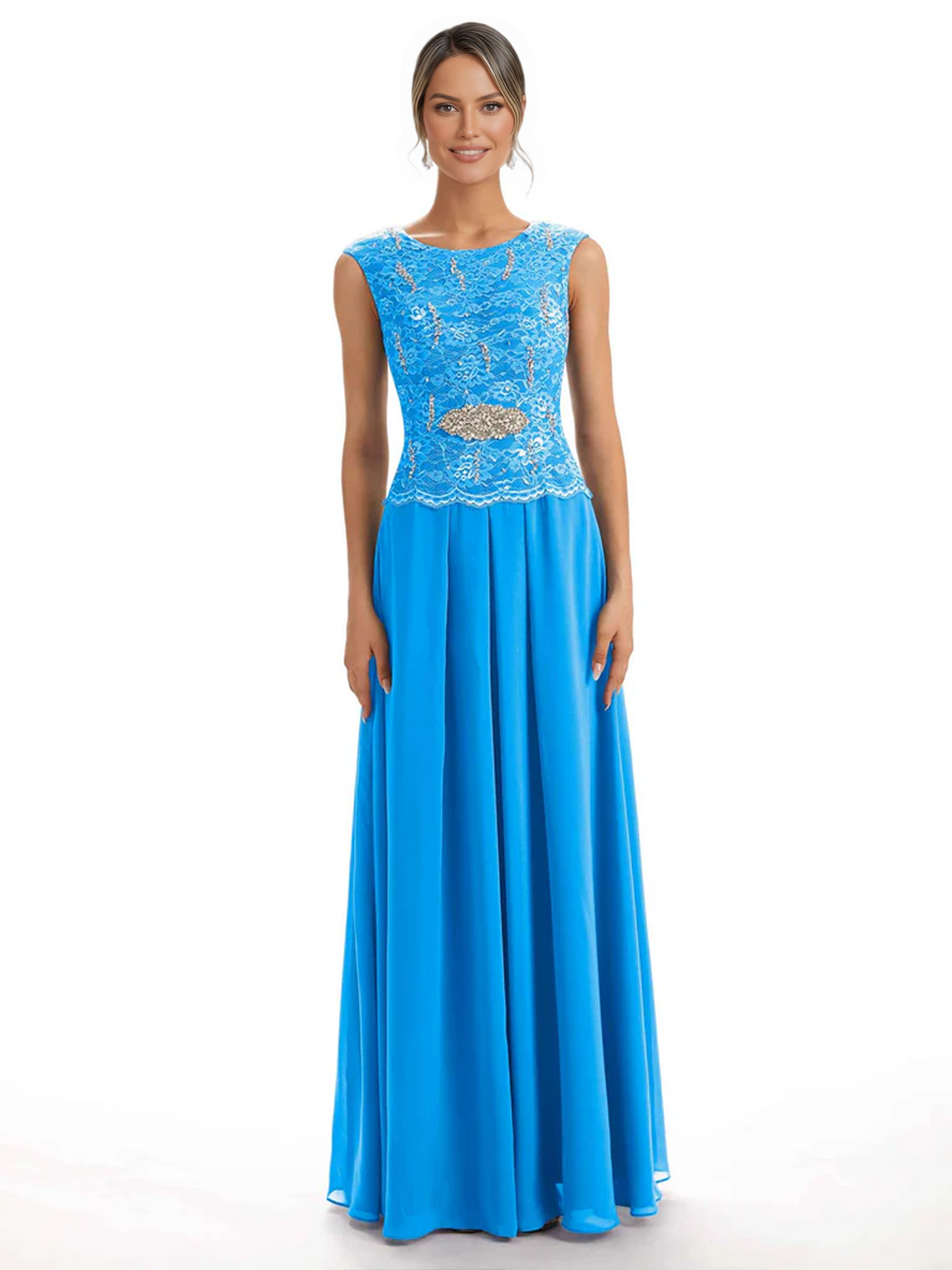 Mother of the Bride Dress Floor-Length Chiffon Gown with Embroidered Lace Bodice