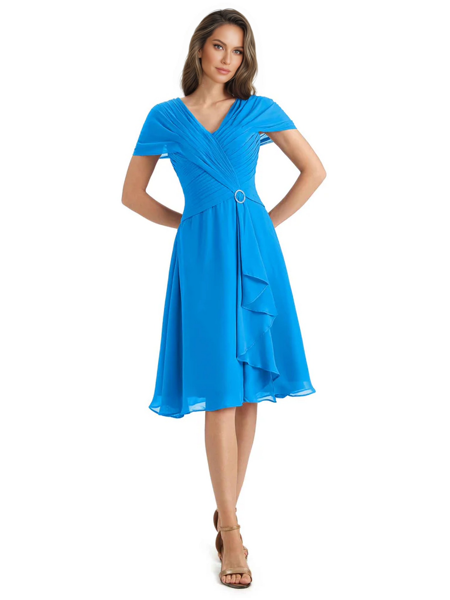 Mother of the Bride Dress Knee-Length V-Neck Chiffon Gown with Ruched Bodice