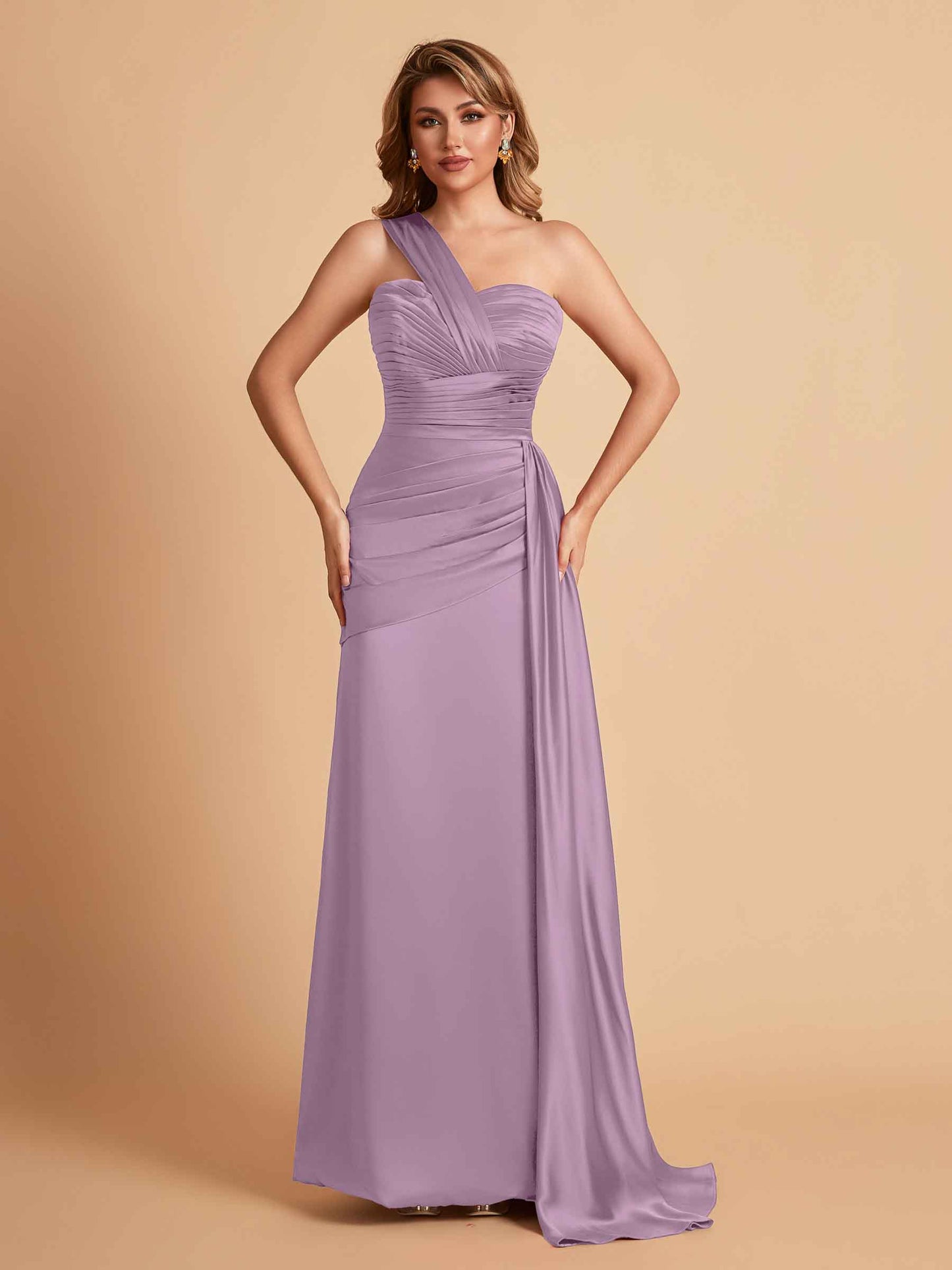 Sexy Satin Sheath One Shoulder With Train Elegant Long Bridesmaid Dresses