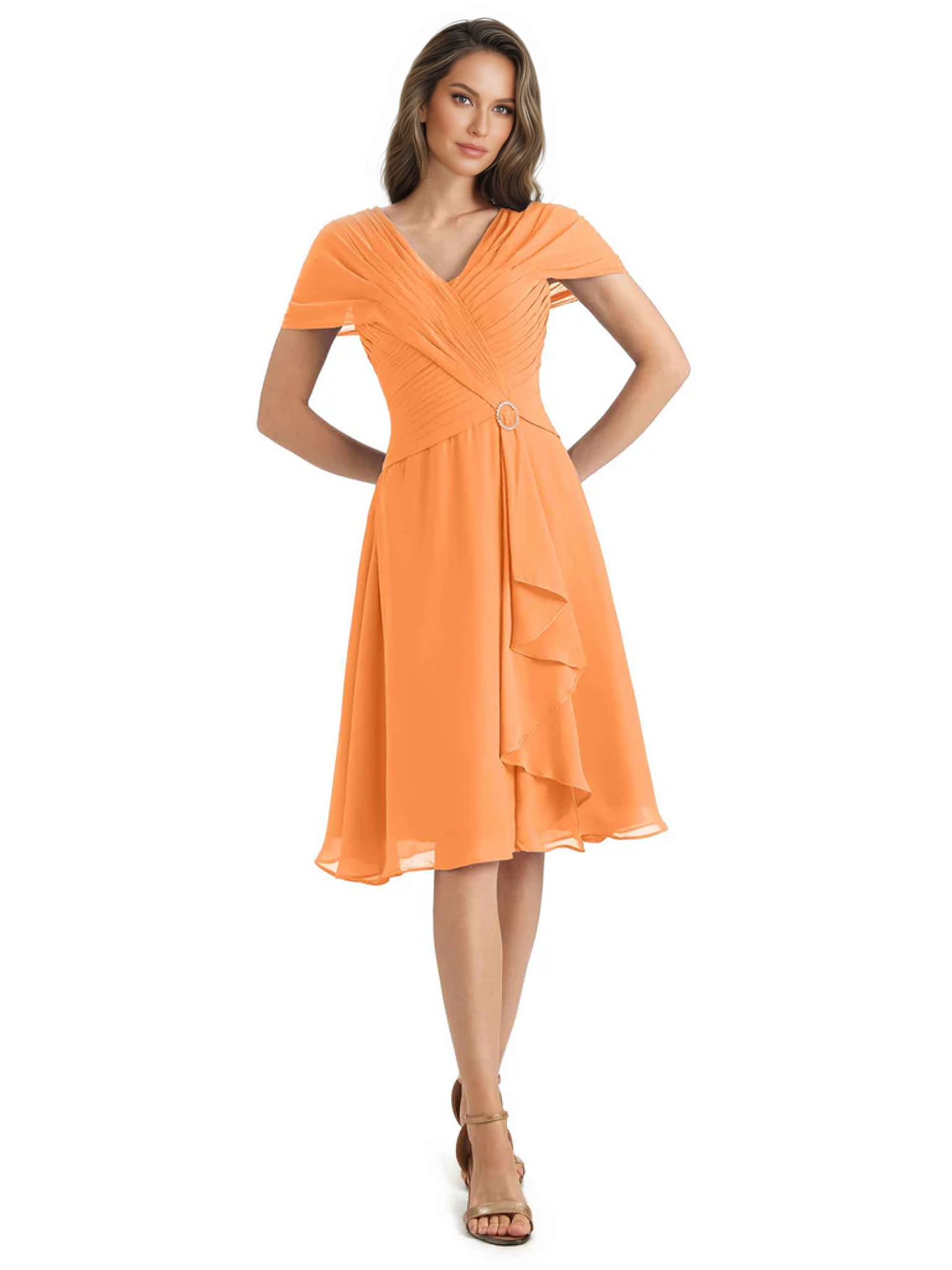 Mother of the Bride Dress Knee-Length V-Neck Chiffon Gown with Ruched Bodice