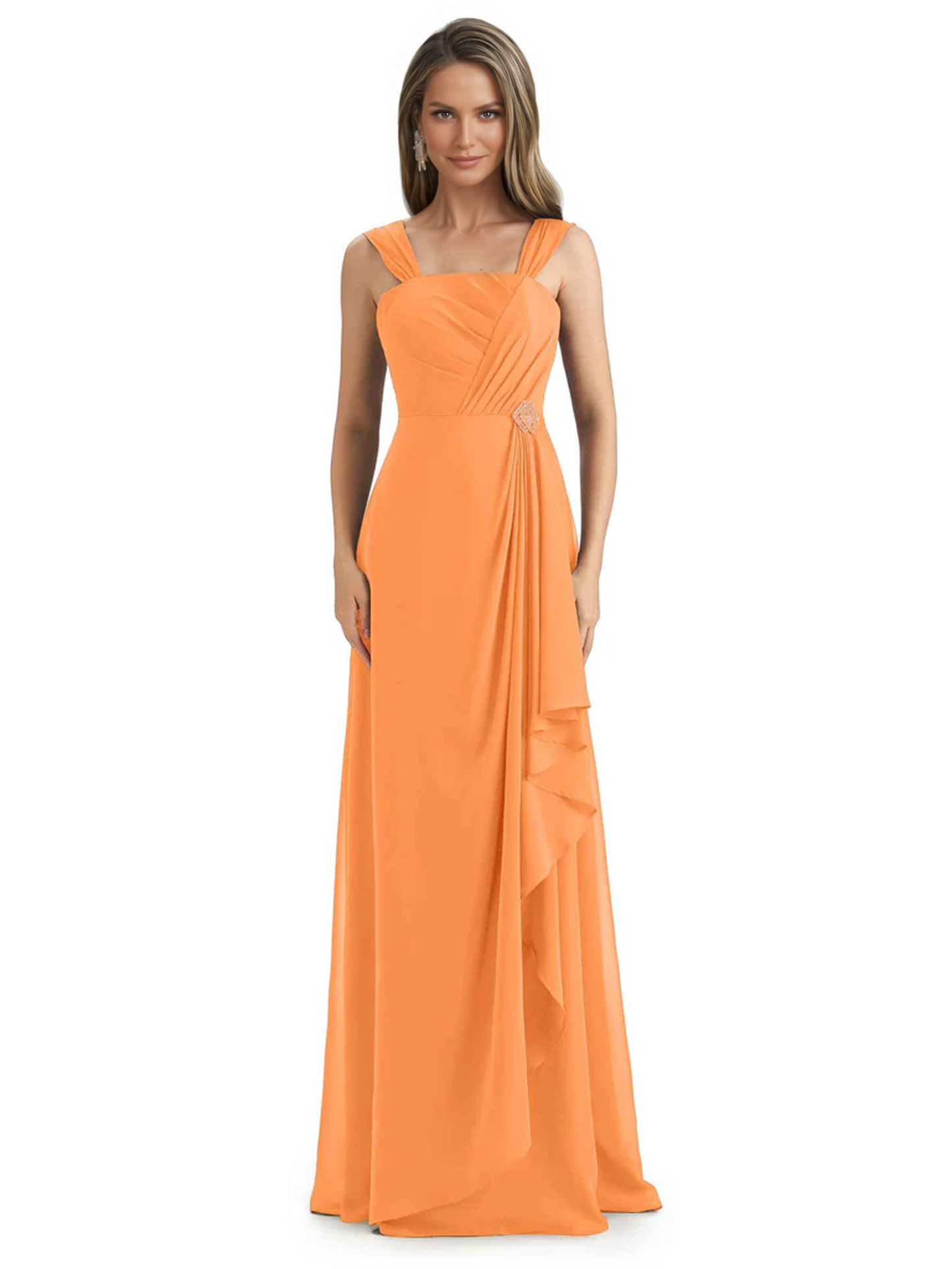 Square Neck Mother of the Bride Dress Floor-Length Chiffon Gown with Ruched Bodice