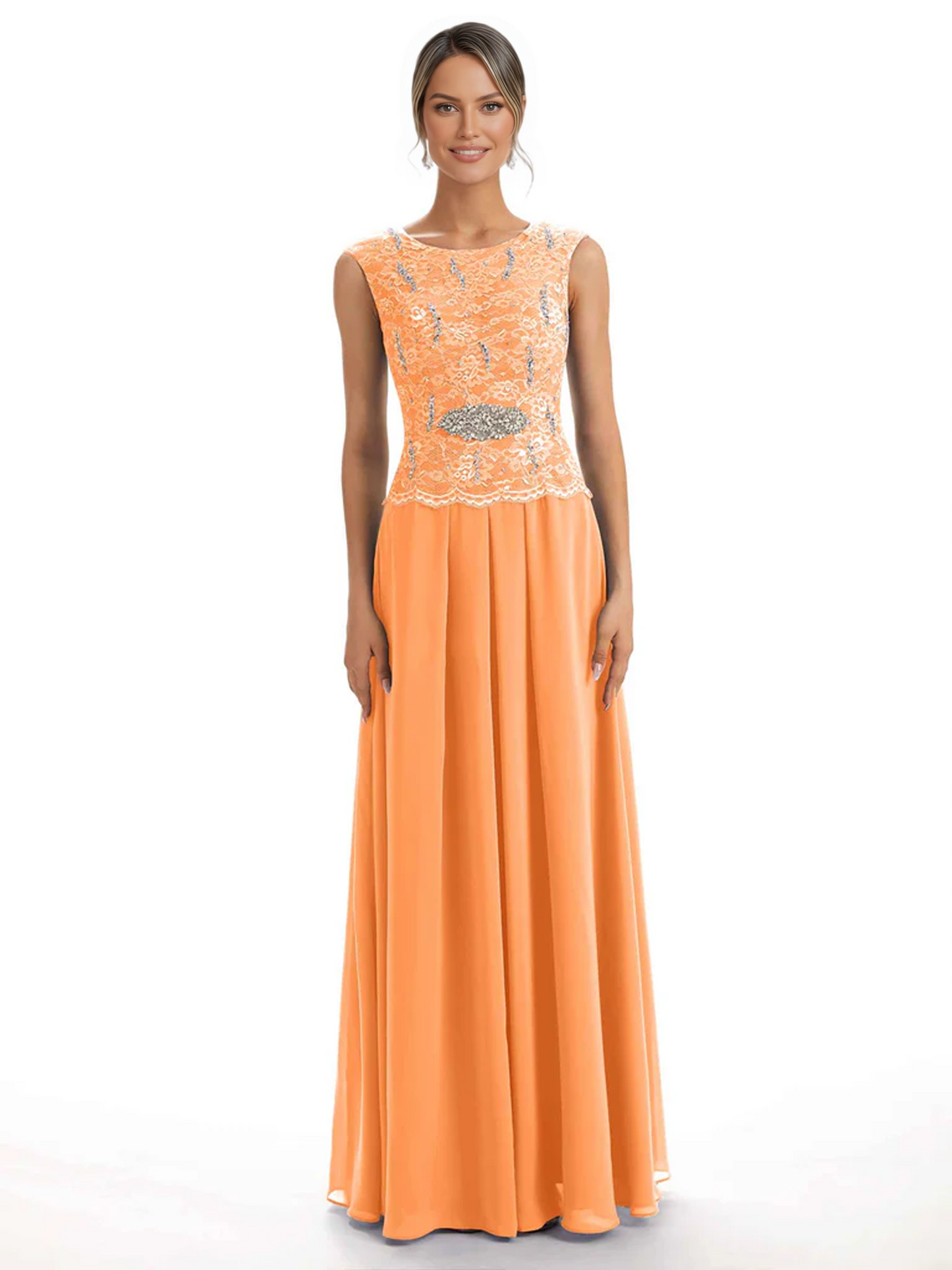 Mother of the Bride Dress Floor-Length Chiffon Gown with Embroidered Lace Bodice