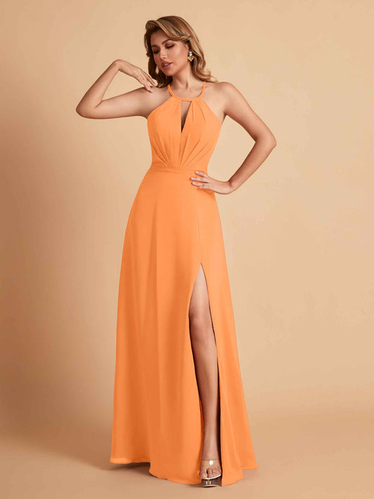 Stylish A-line Chiffon Halter Key-hole Open Back Floor Length Bridesmaid Dresses