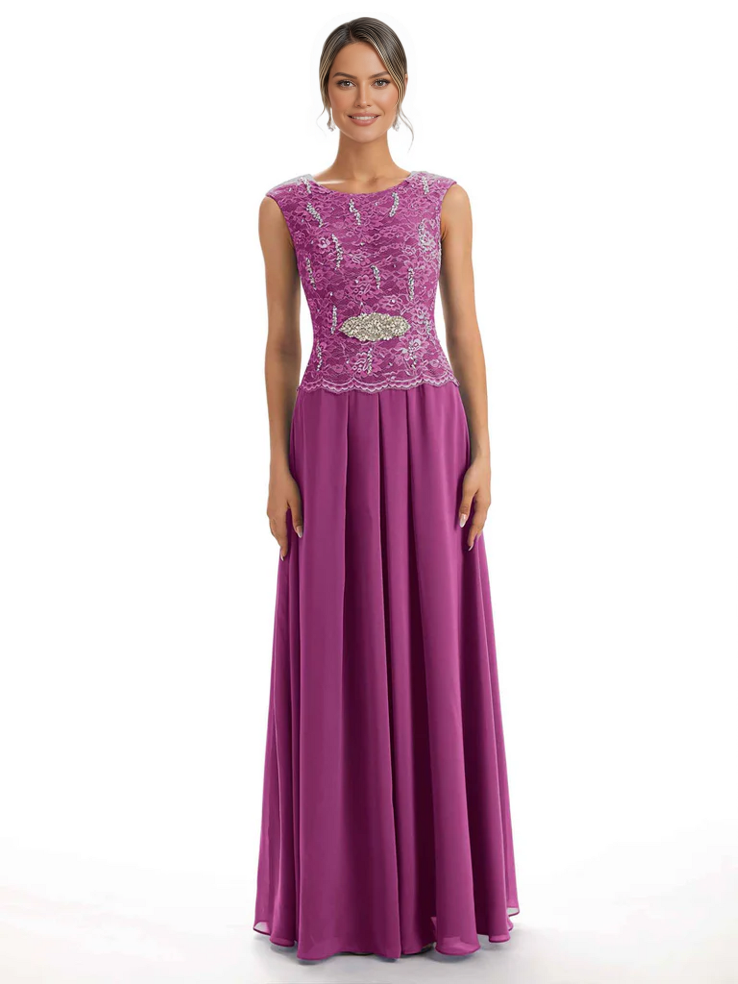 Mother of the Bride Dress Floor-Length Chiffon Gown with Embroidered Lace Bodice