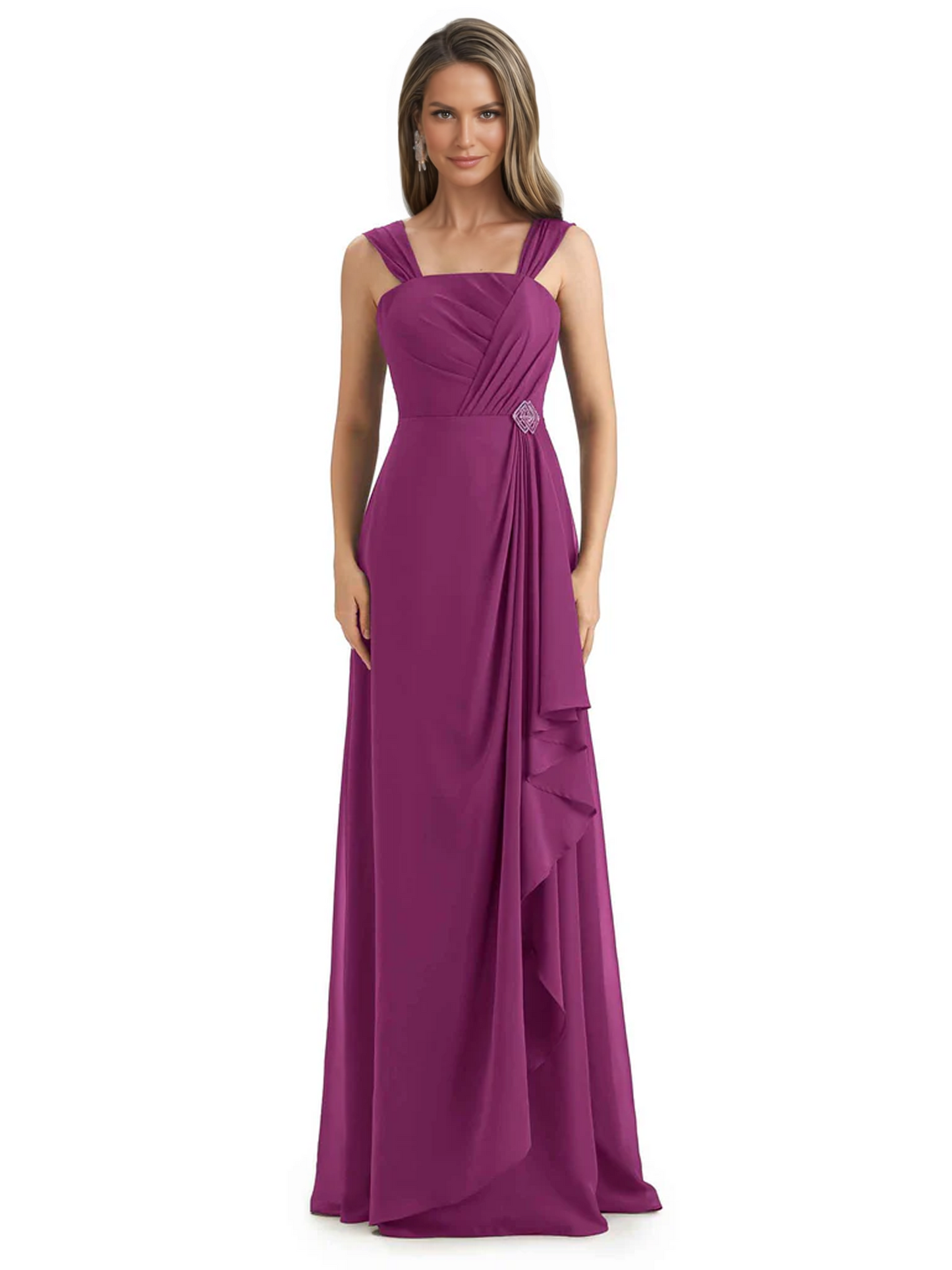 Square Neck Mother of the Bride Dress Floor-Length Chiffon Gown with Ruched Bodice