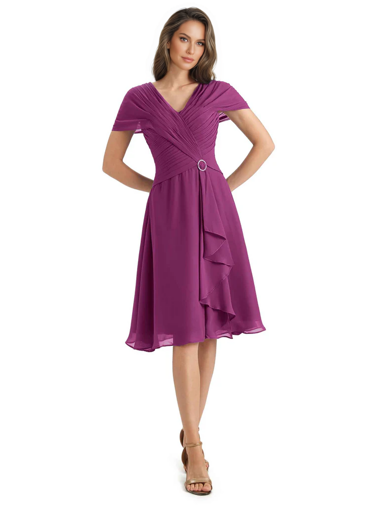 Mother of the Bride Dress Knee-Length V-Neck Chiffon Gown with Ruched Bodice