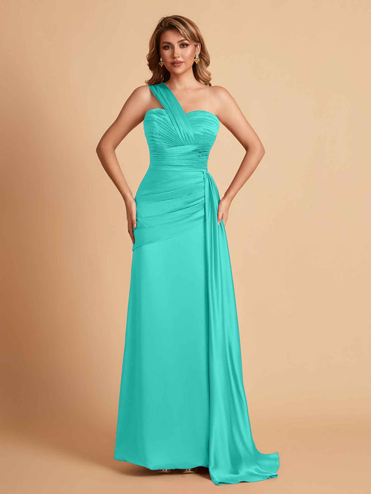 Sexy Satin Sheath One Shoulder With Train Elegant Long Bridesmaid Dresses