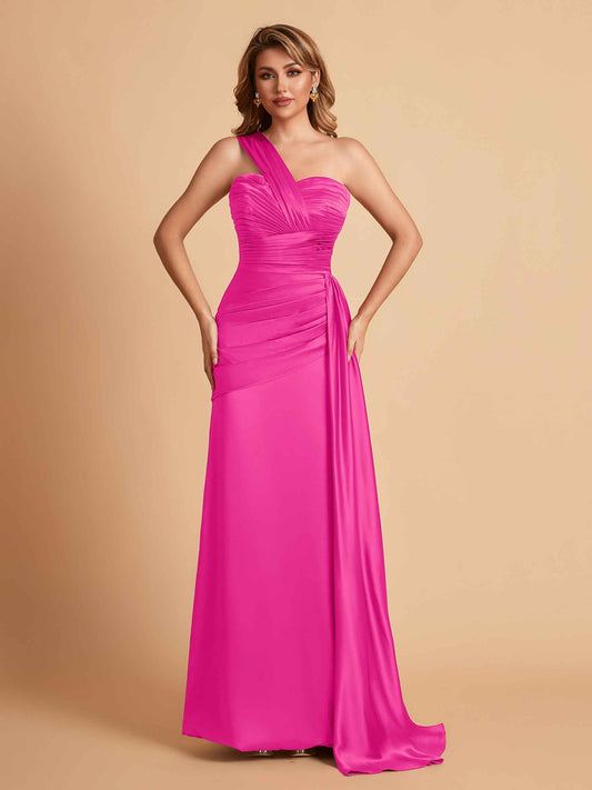 Sexy Satin Sheath One Shoulder With Train Elegant Long Bridesmaid Dresses