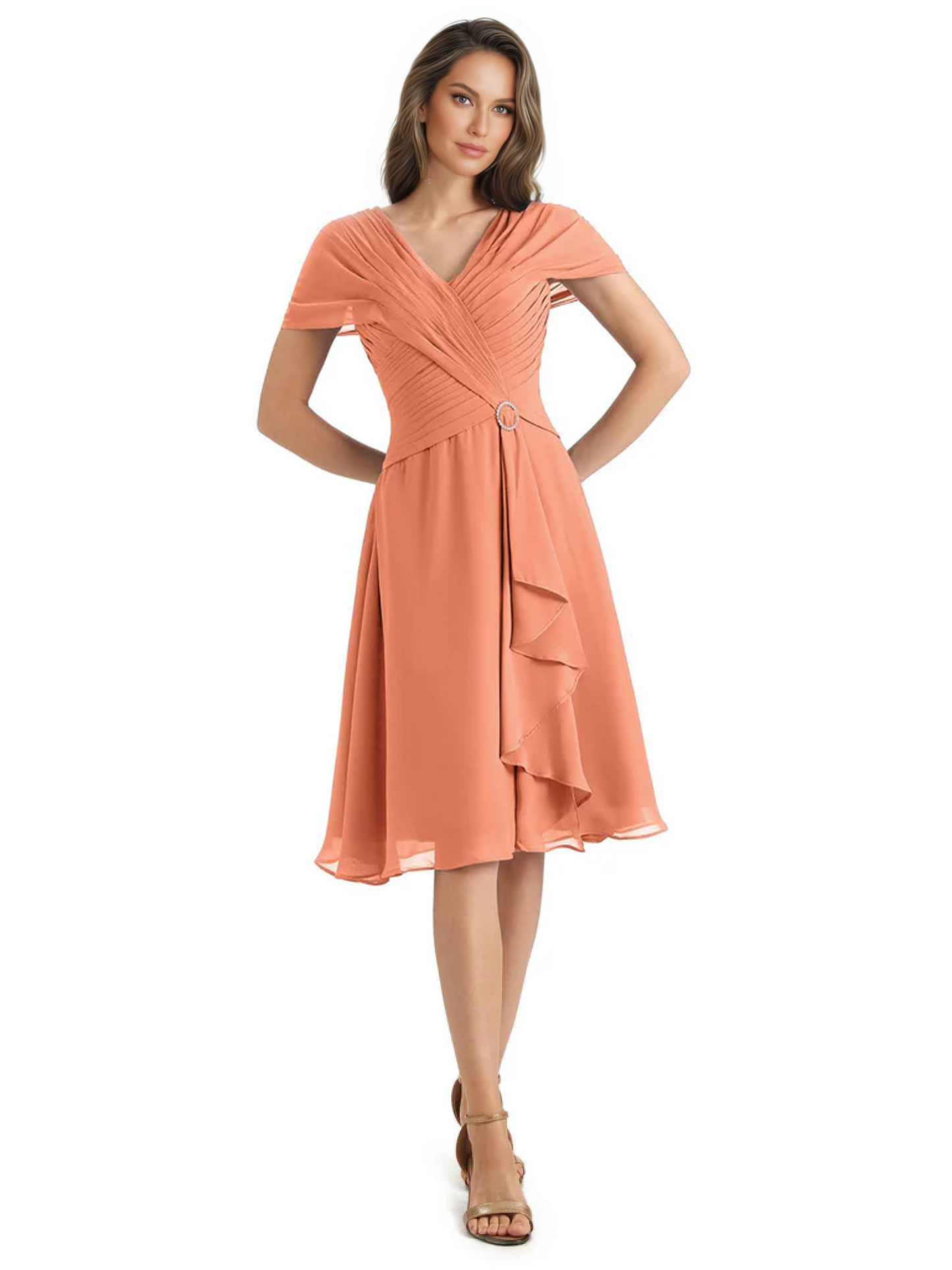 Mother of the Bride Dress Knee-Length V-Neck Chiffon Gown with Ruched Bodice
