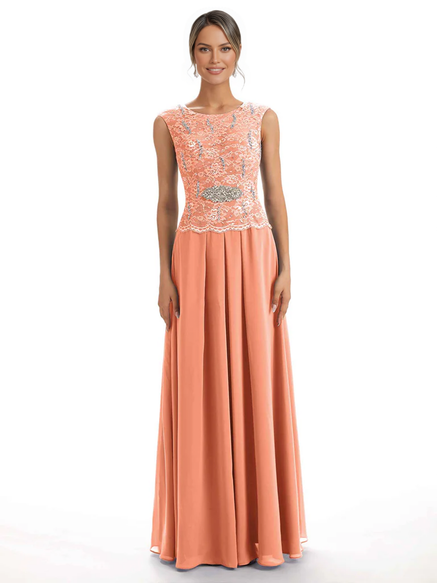 Mother of the Bride Dress Floor-Length Chiffon Gown with Embroidered Lace Bodice