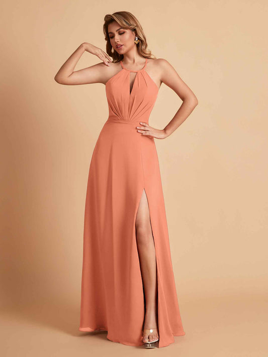 Stylish A-line Chiffon Halter Key-hole Open Back Floor Length Bridesmaid Dresses