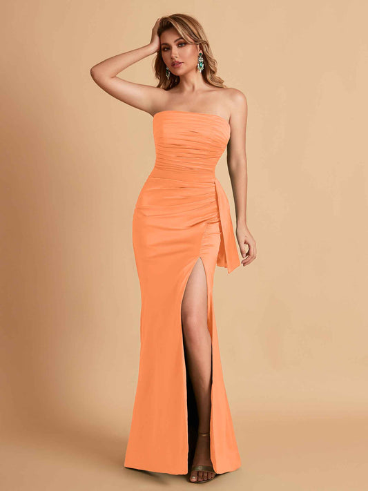 Sexy Strapless Satin Mermaid With Pleats Long Bridesmaid Dresses
