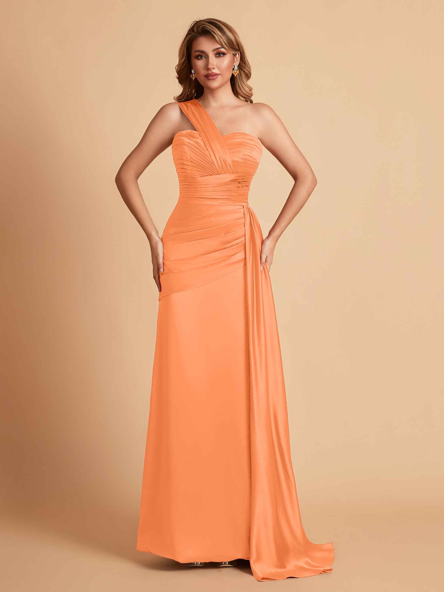 Sexy Satin Sheath One Shoulder With Train Elegant Long Bridesmaid Dresses