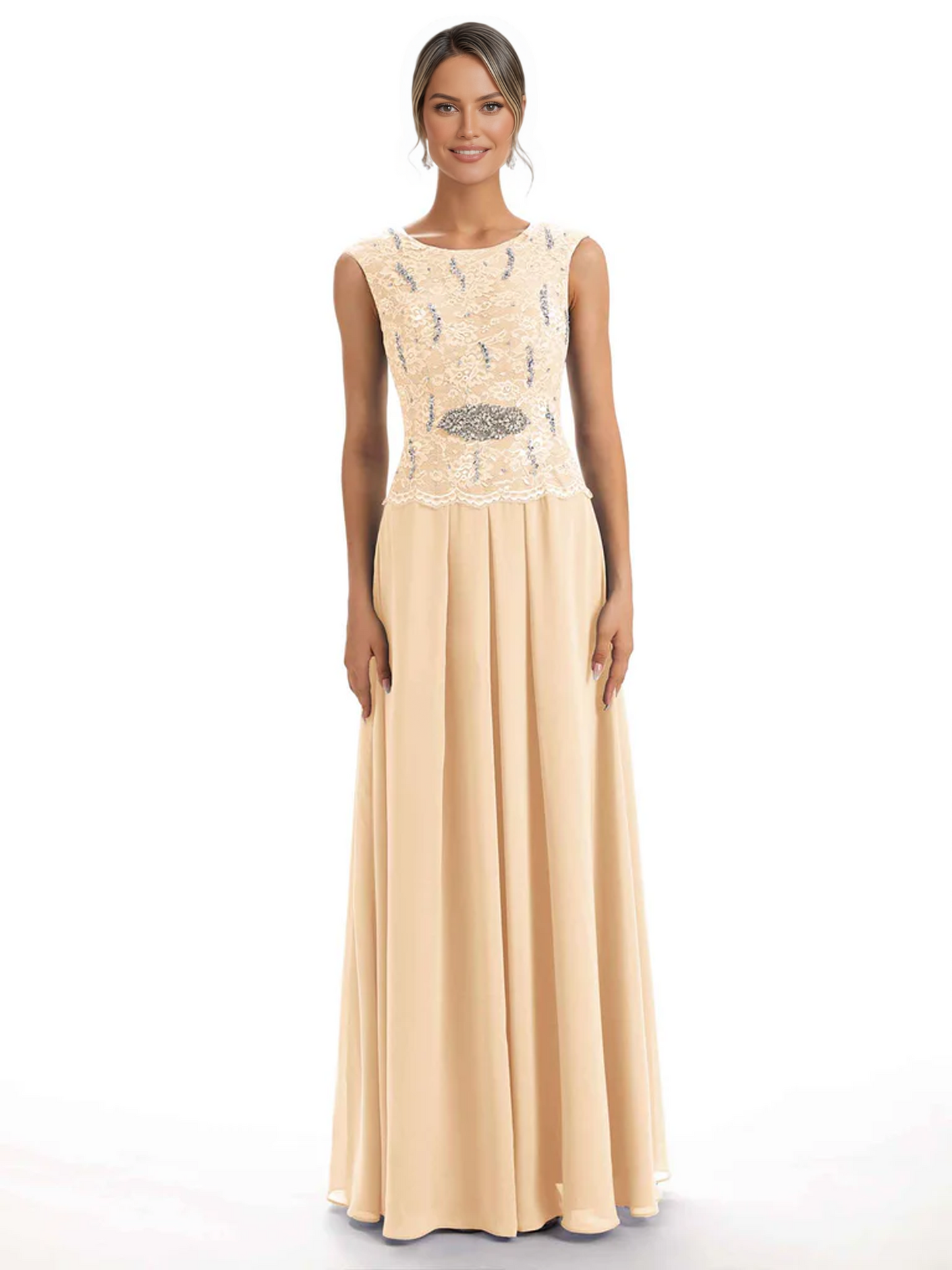Mother of the Bride Dress Floor-Length Chiffon Gown with Embroidered Lace Bodice