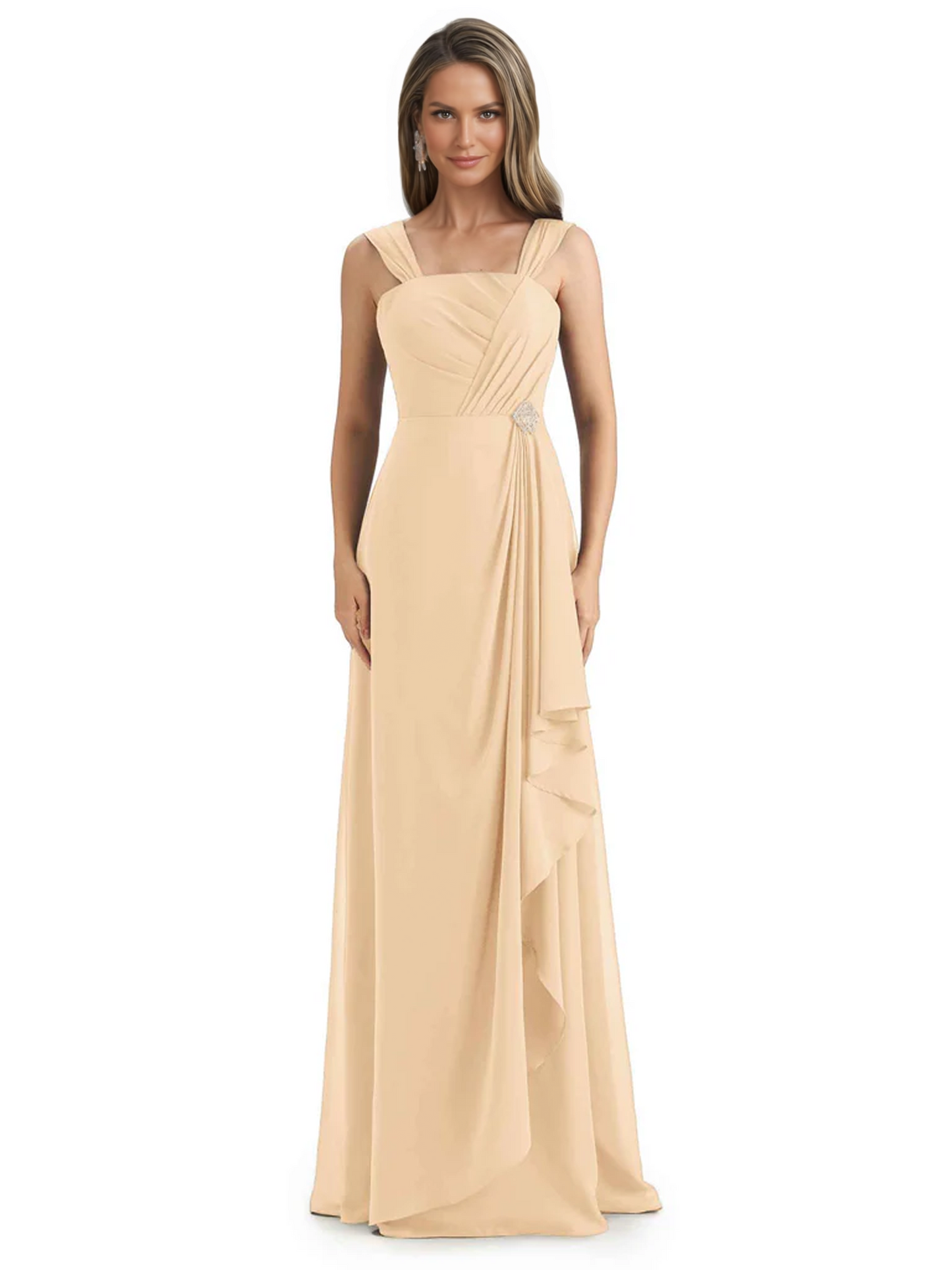 Square Neck Mother of the Bride Dress Floor-Length Chiffon Gown with Ruched Bodice