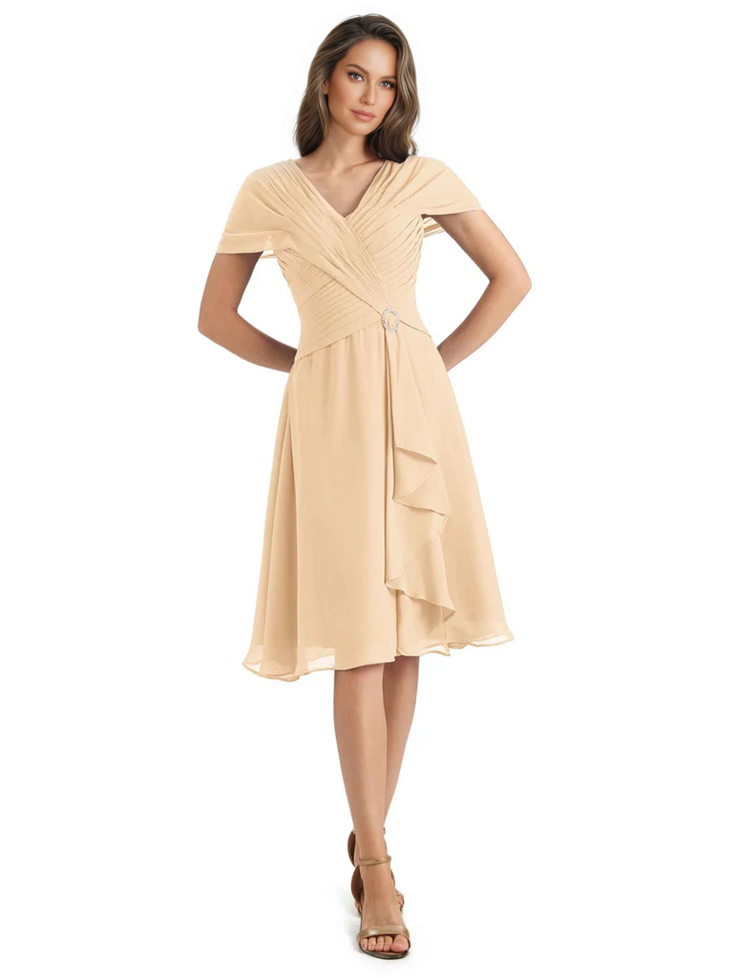 Mother of the Bride Dress Knee-Length V-Neck Chiffon Gown with Ruched Bodice