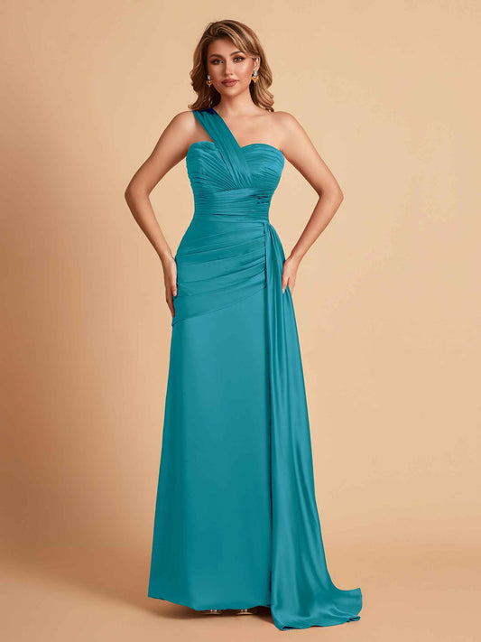 Sexy Satin Sheath One Shoulder With Train Elegant Long Bridesmaid Dresses