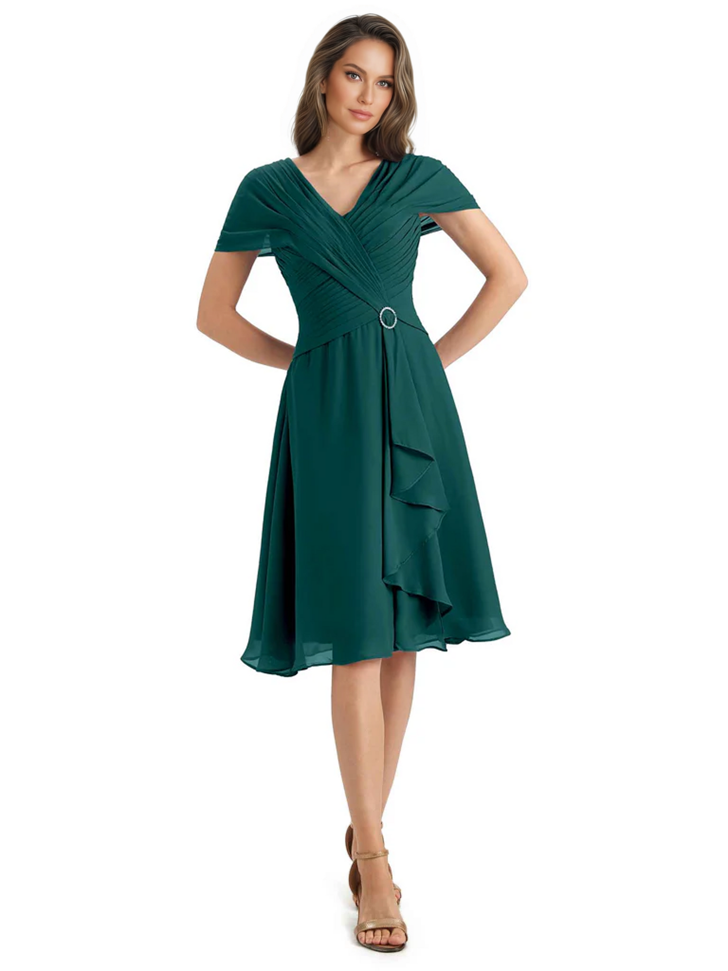 Mother of the Bride Dress Knee-Length V-Neck Chiffon Gown with Ruched Bodice