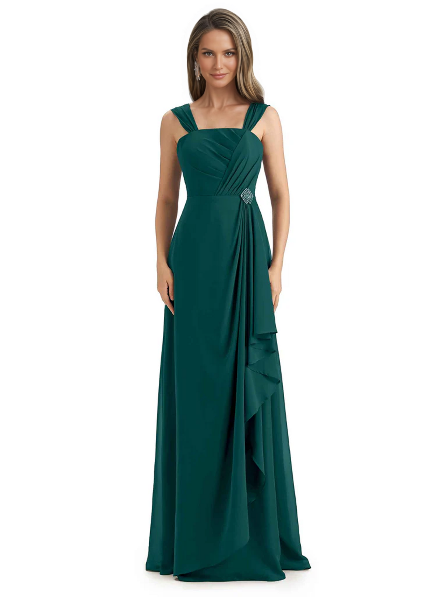 Square Neck Mother of the Bride Dress Floor-Length Chiffon Gown with Ruched Bodice