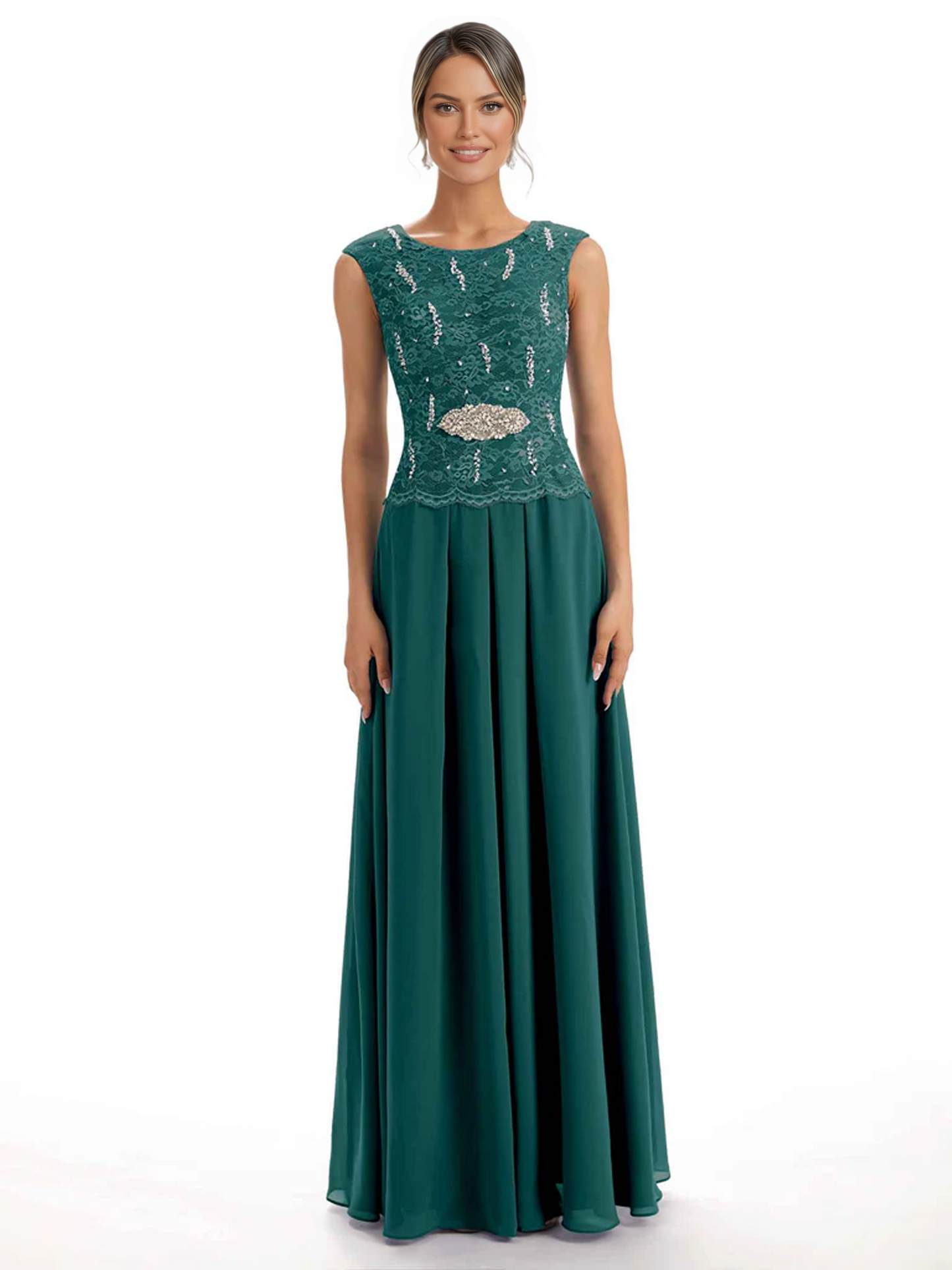 Mother of the Bride Dress Floor-Length Chiffon Gown with Embroidered Lace Bodice