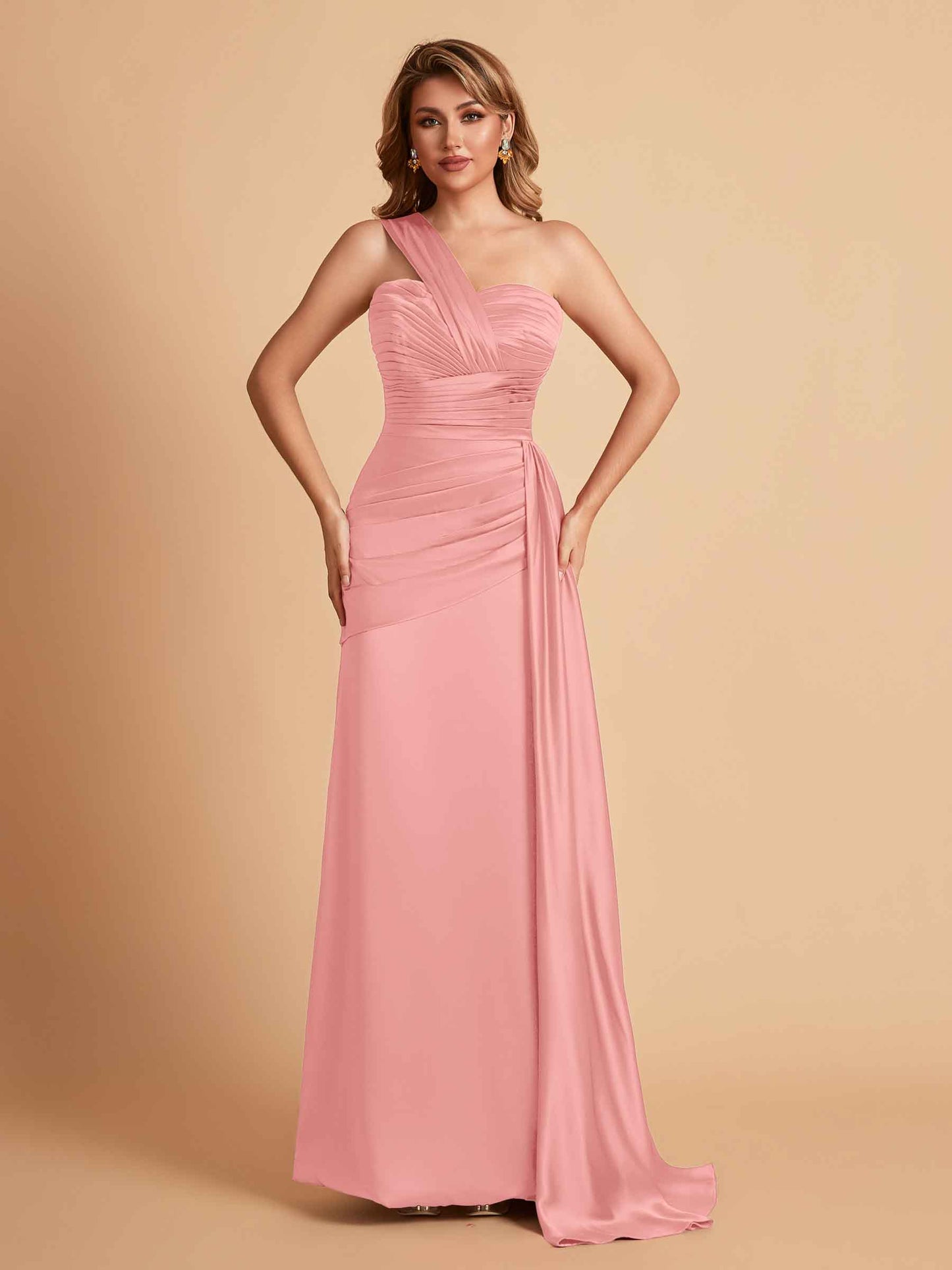 Sexy Satin Sheath One Shoulder With Train Elegant Long Bridesmaid Dresses