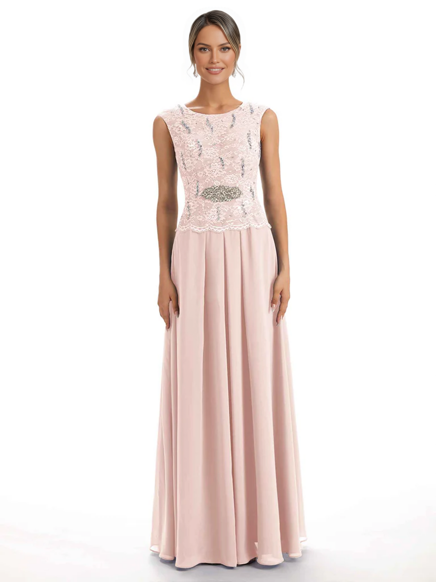 Mother of the Bride Dress Floor-Length Chiffon Gown with Embroidered Lace Bodice